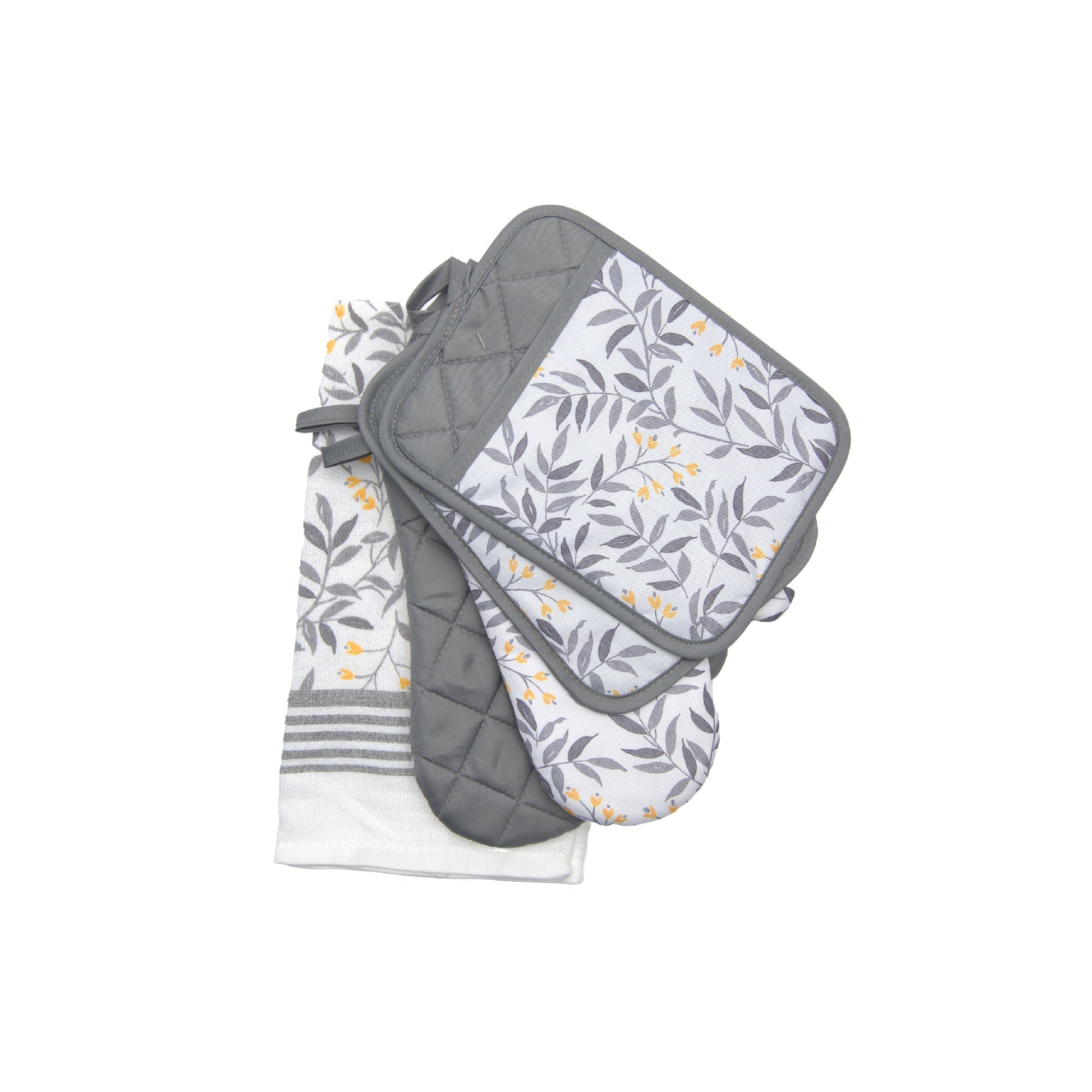 Gray Leaf Pattern 5-Piece Kitchen Textile Set - Set of 2