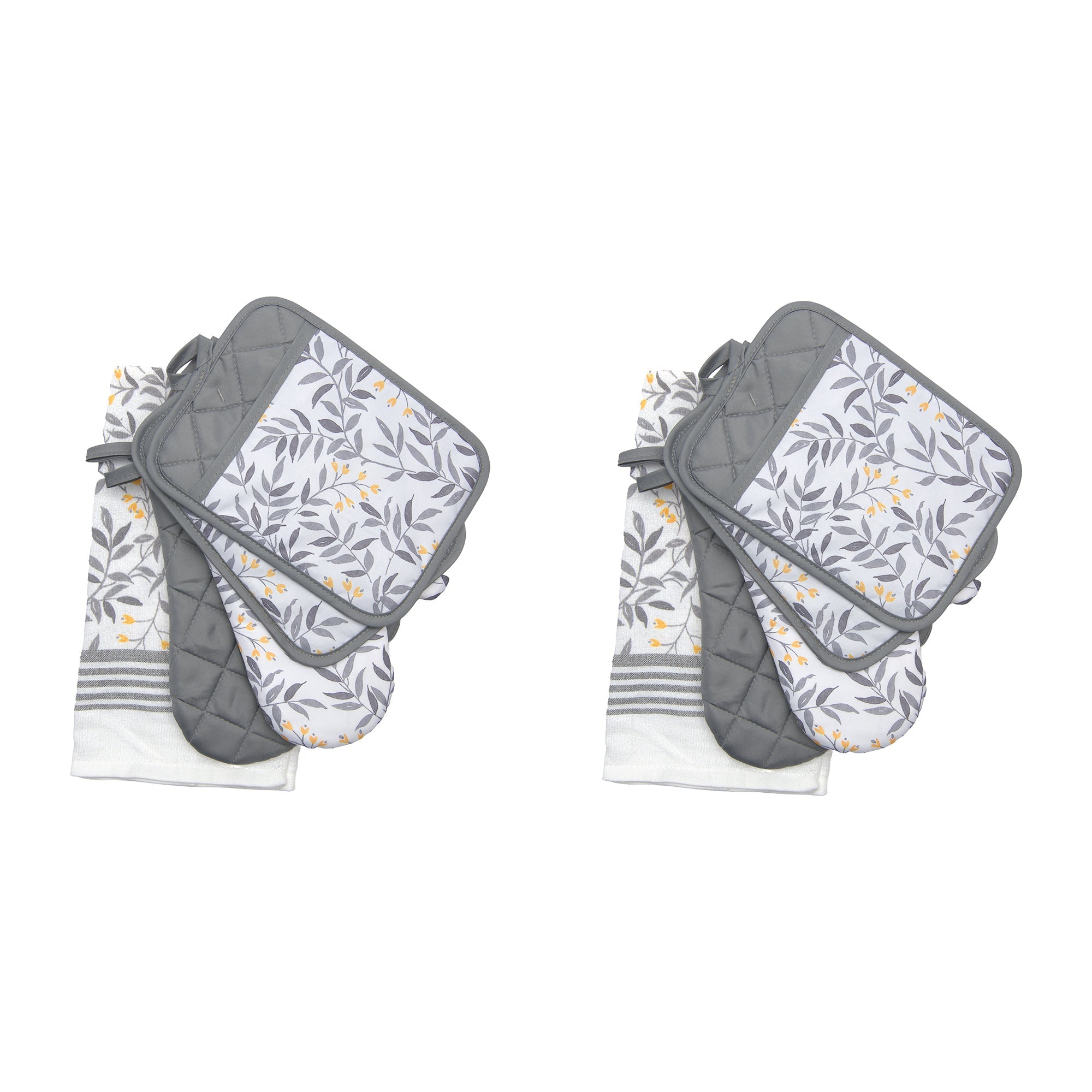 Gray Leaf Pattern 5-Piece Kitchen Textile Set - Set of 2