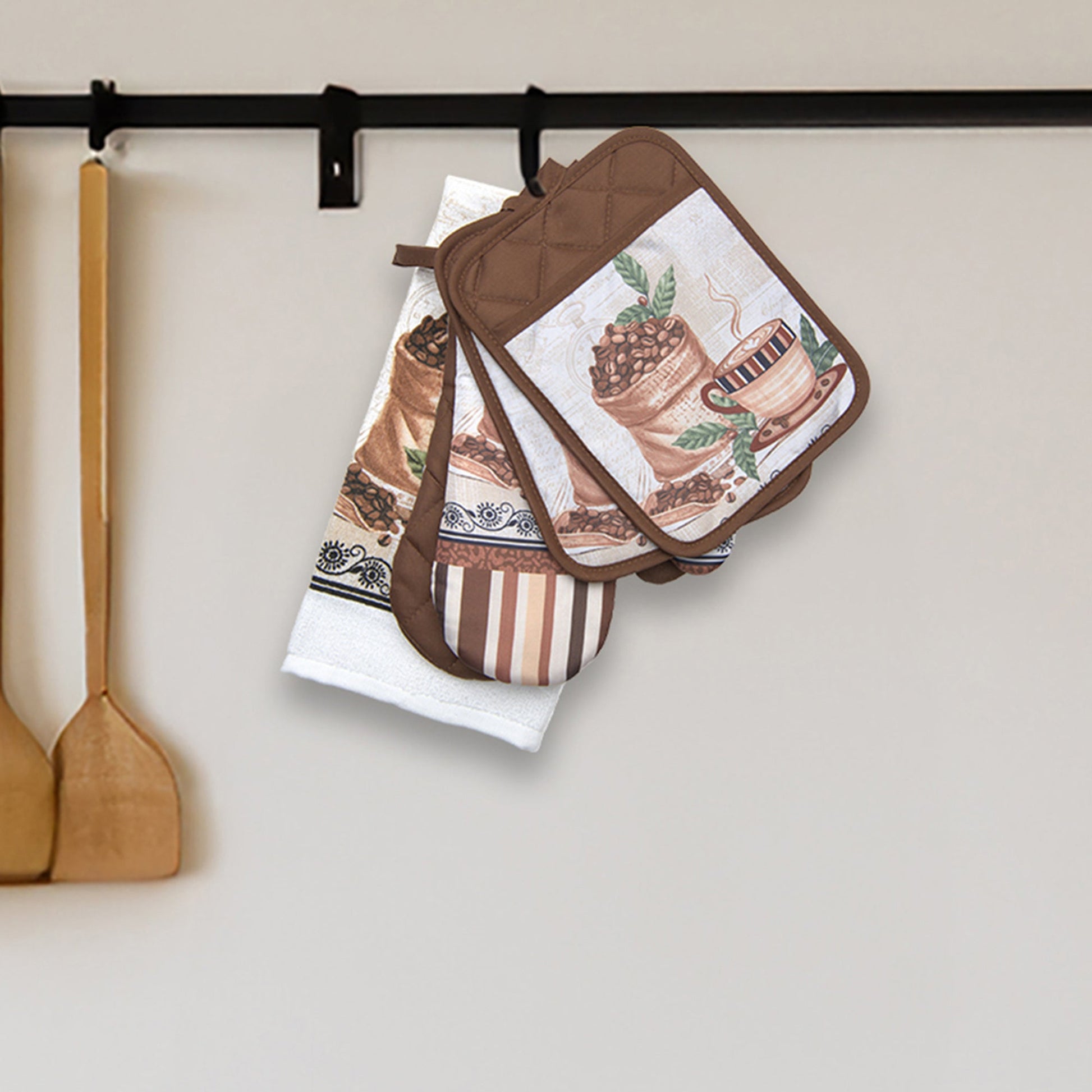 Coffee Bean Print 5-Piece Kitchen Textile Set - Set of 2