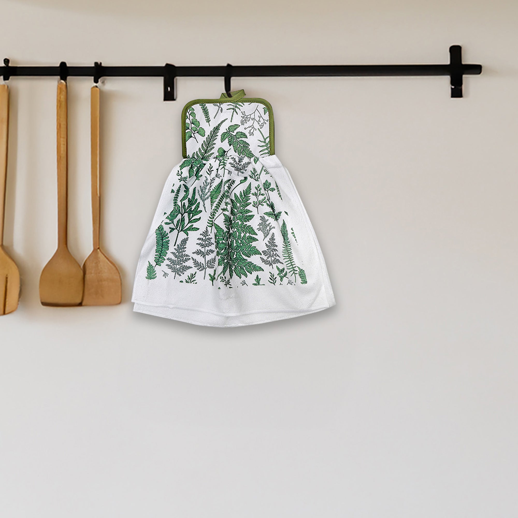 Tie Hand Towel Fern Leaves Design, Hanging Kitchen Towel, Decorative Cotton, Set of 2