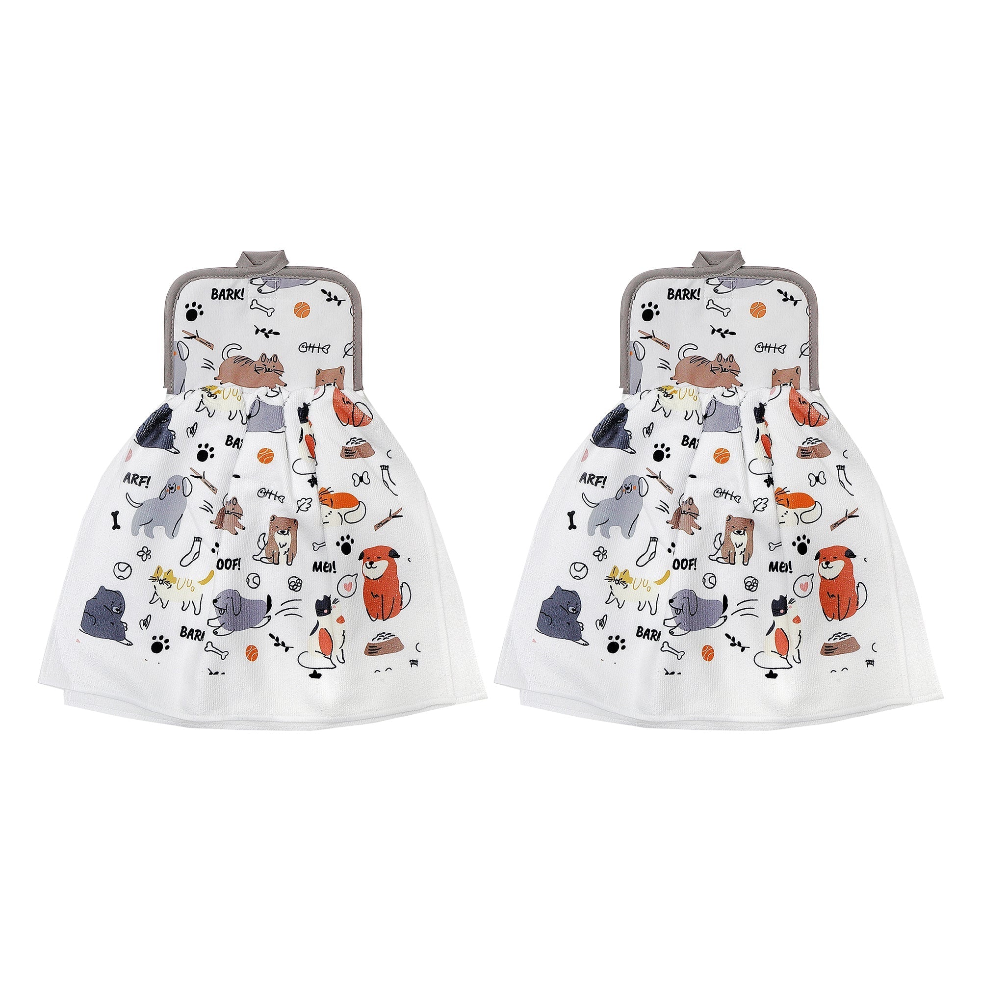 Tie Hand Towel Dog and Cat Print, Hanging Kitchen Towel, Decorative Cotton, Set of 2
