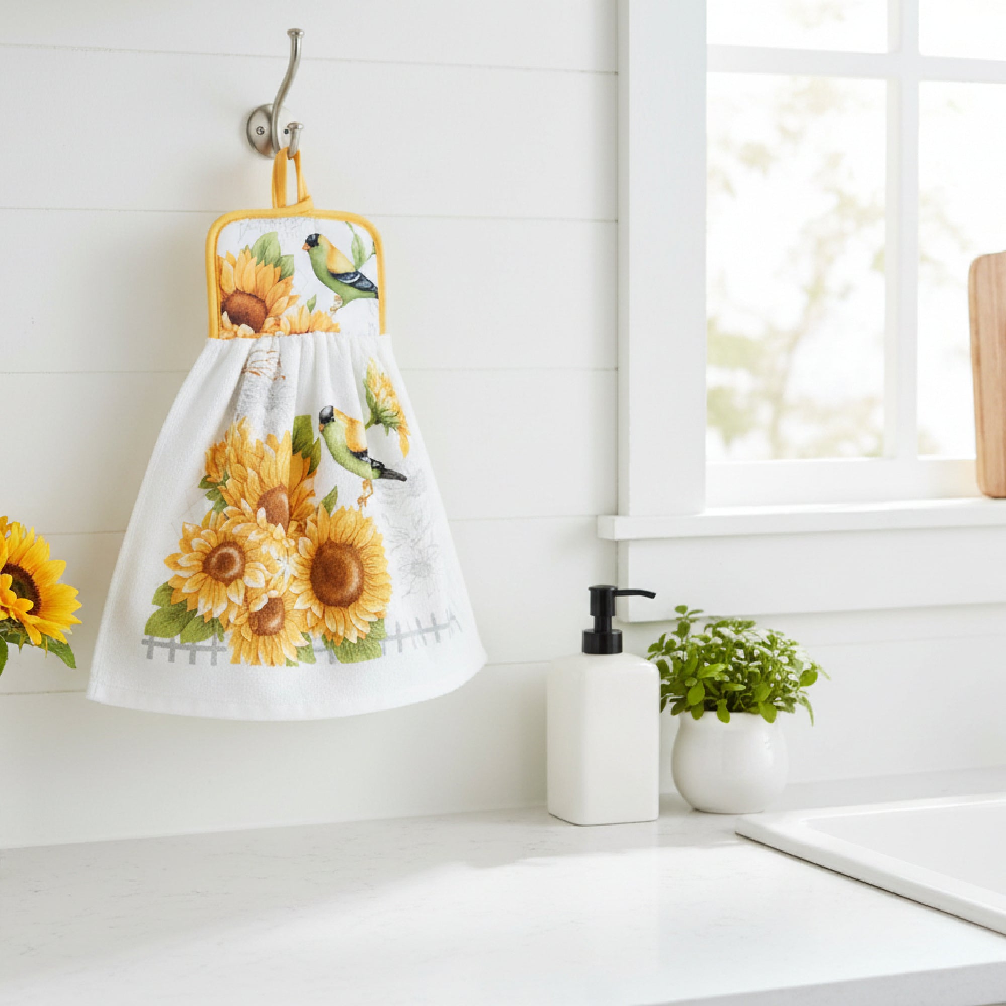 Finch on Sunflower Tie-Top Kitchen Hand Towel - Set of 2