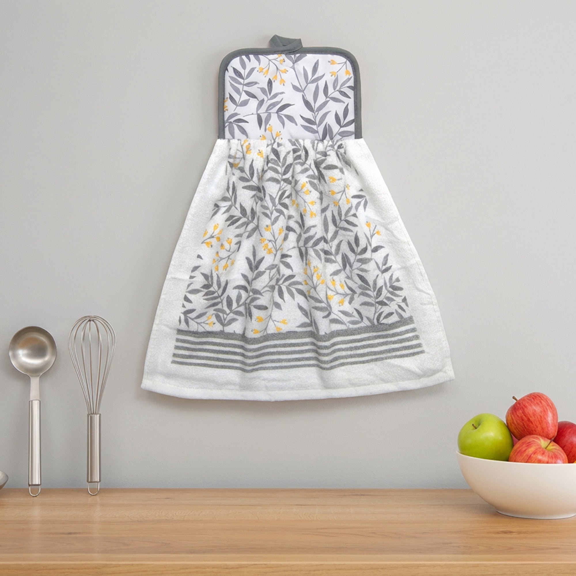 Gray Leaf Pattern Tie-Top Kitchen Hand Towel - Set of 2
