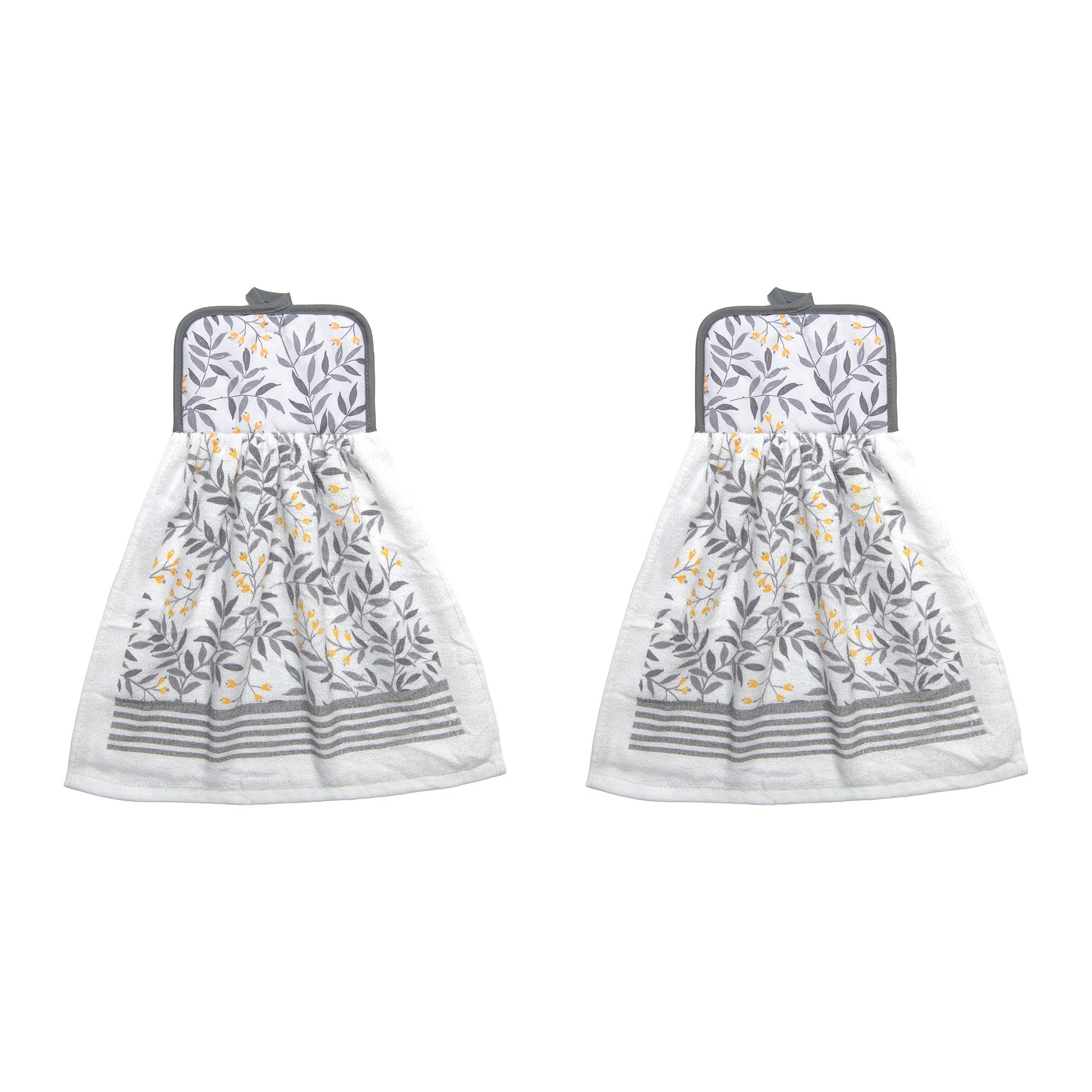 Gray Leaf Pattern Tie-Top Kitchen Hand Towel - Set of 2