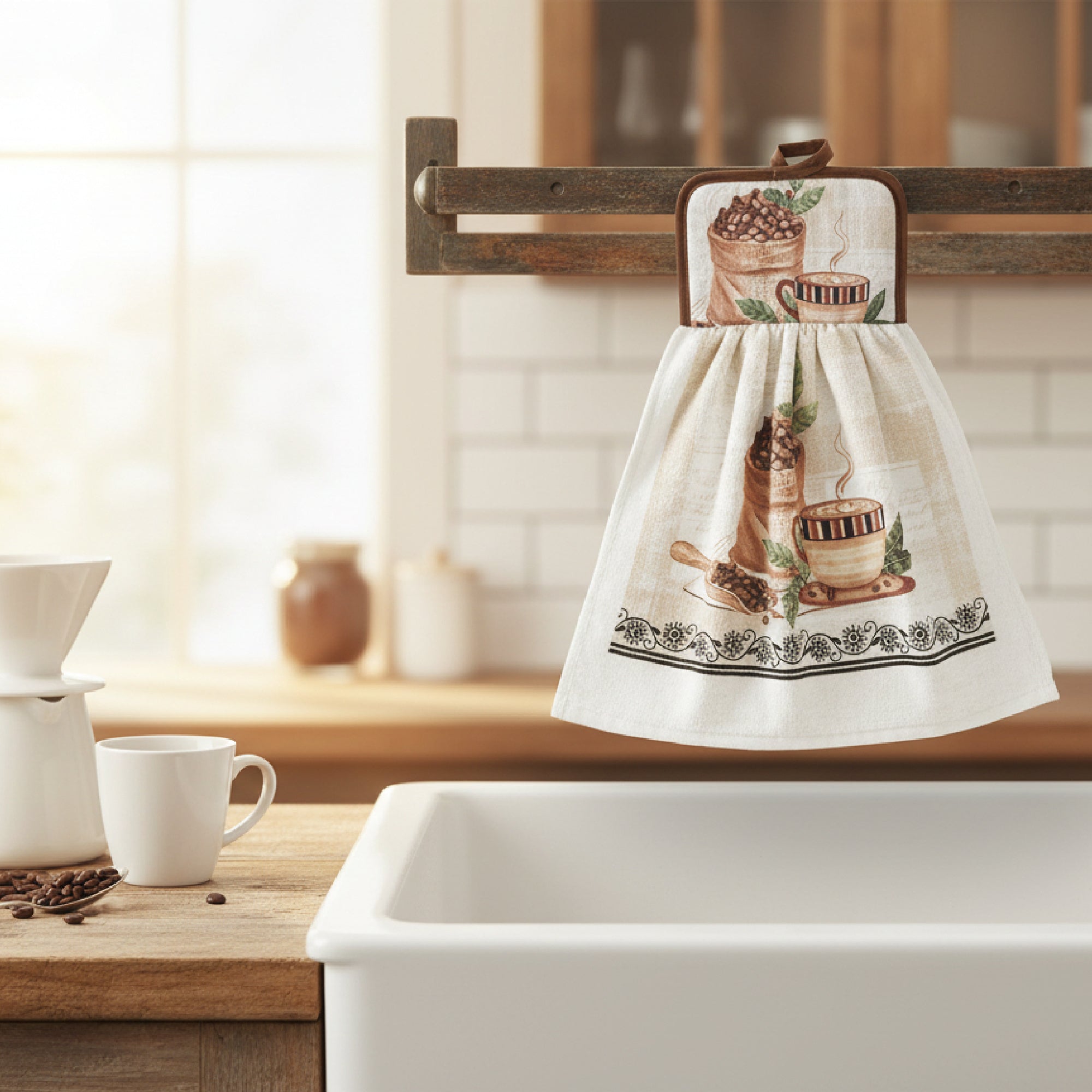 Coffee Bean Print Tie-Top Kitchen Hand Towel - Set of 2