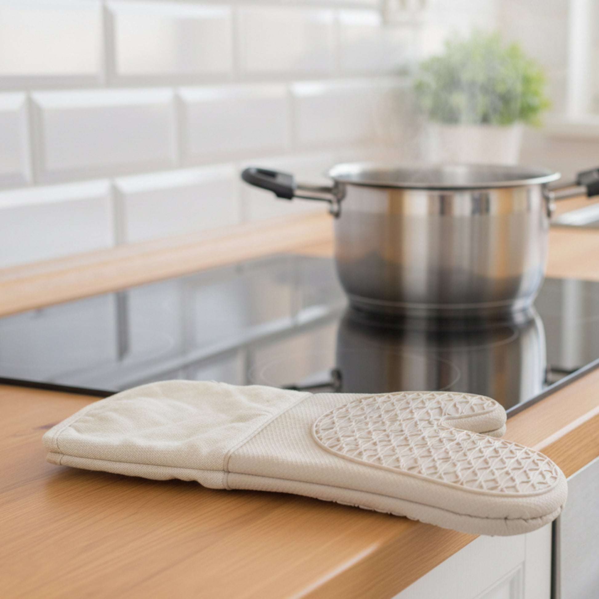 Solid Beige Heat-Resistant Silicone Oven Mitt - Set of 2