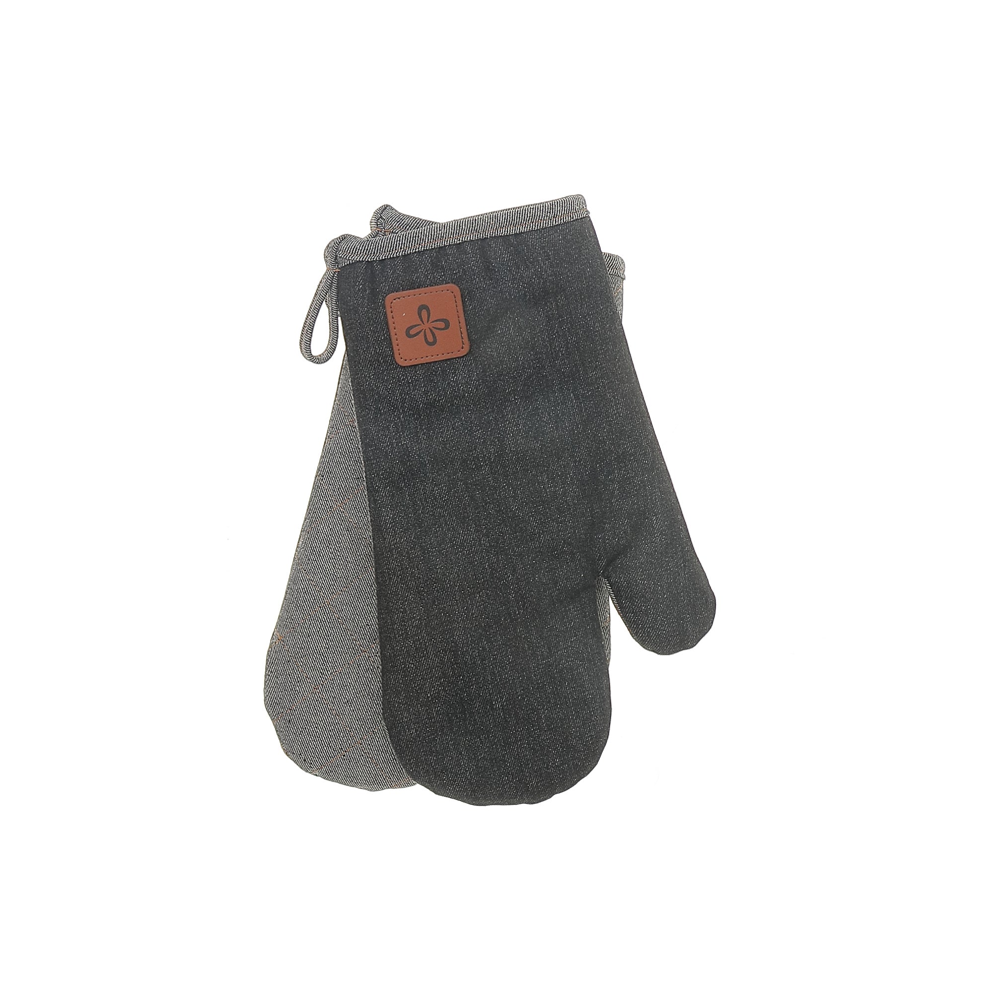2 Pc Denim Oven Mitt With Leather Badge 13 Inch, Heat Resistant Kitchen Gloves