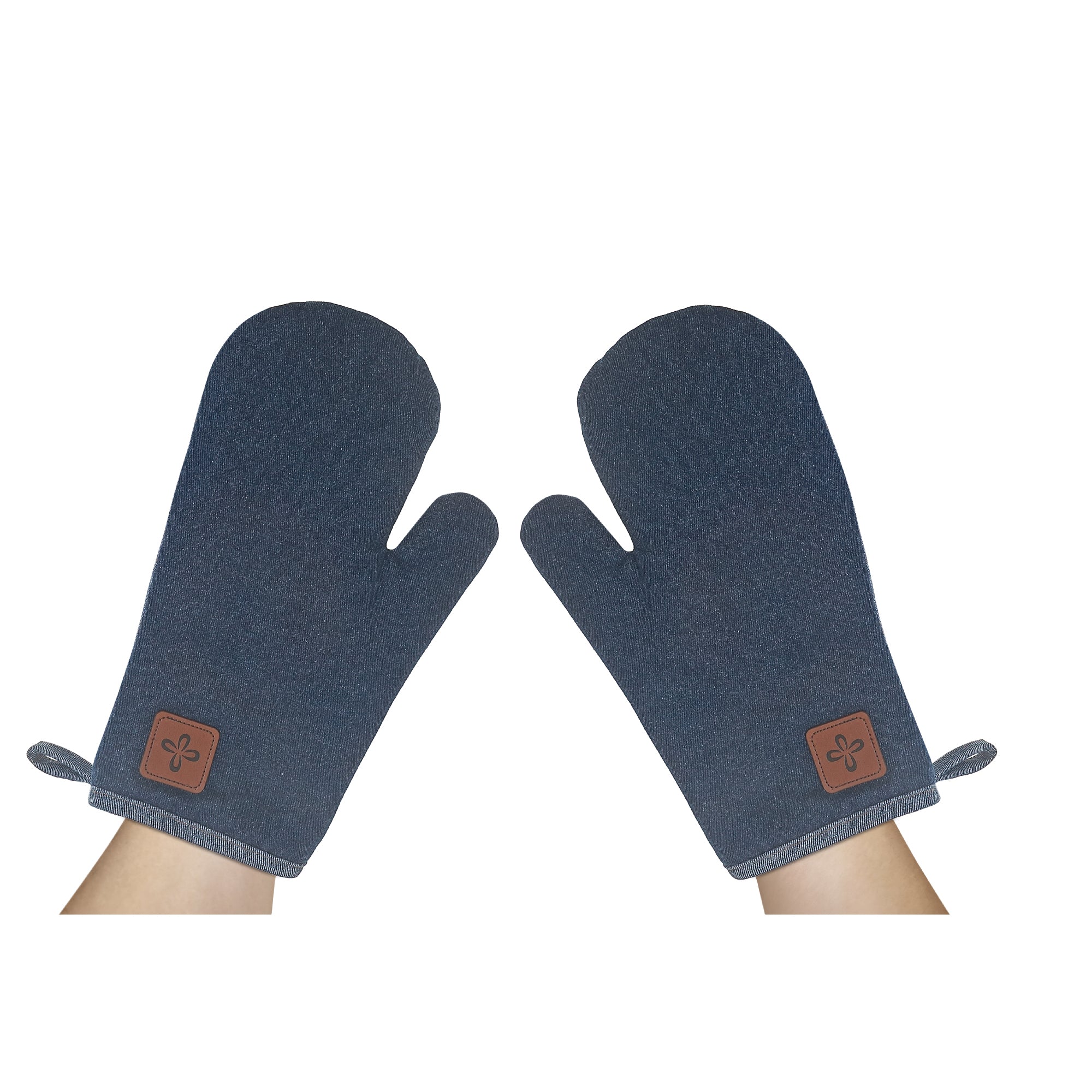 2 Pc Denim Oven Mitt With Leather Badge 13 Inch, Heat Resistant Kitchen Gloves