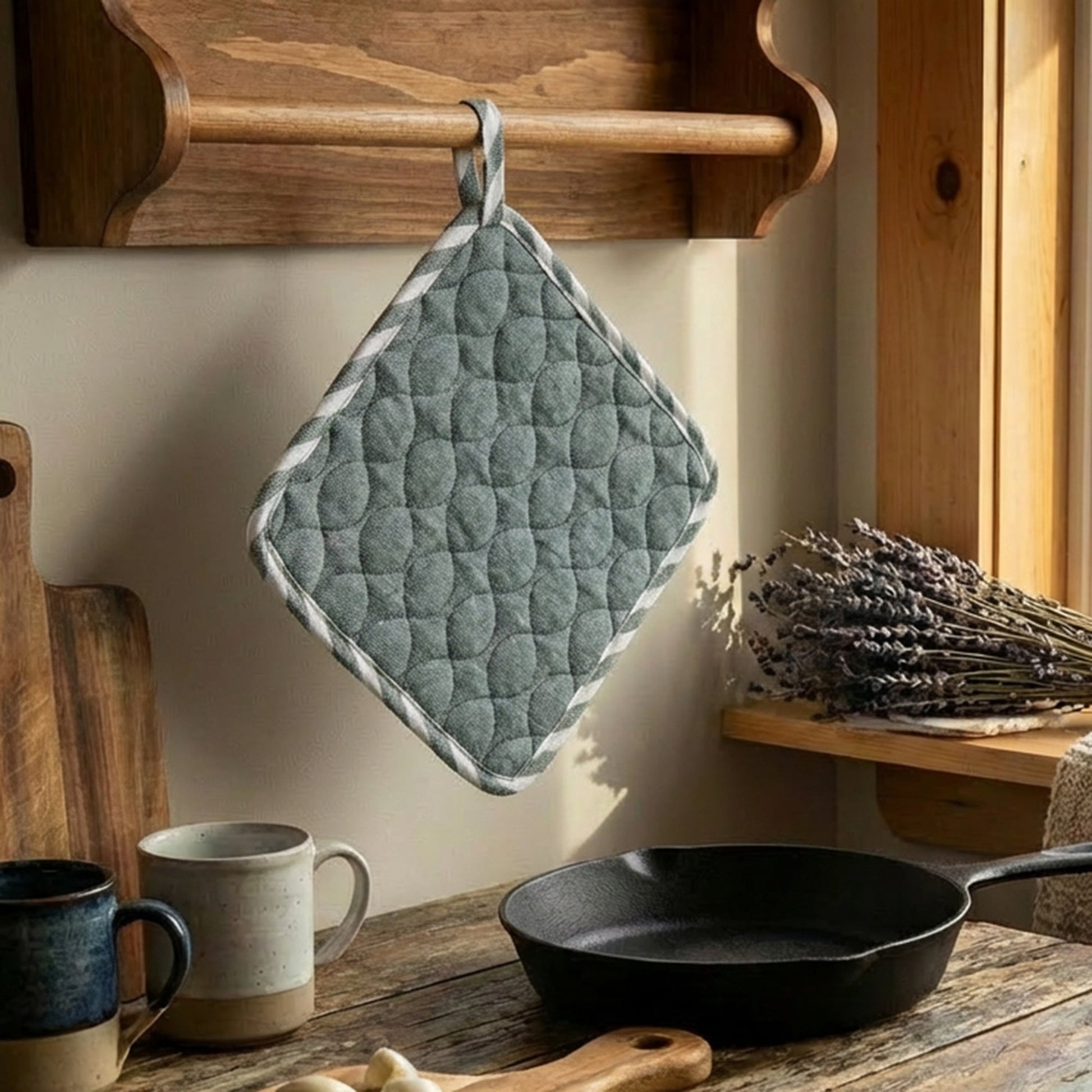 Wave-Stitched Quilted Pot Holder – Sage - Set of 6