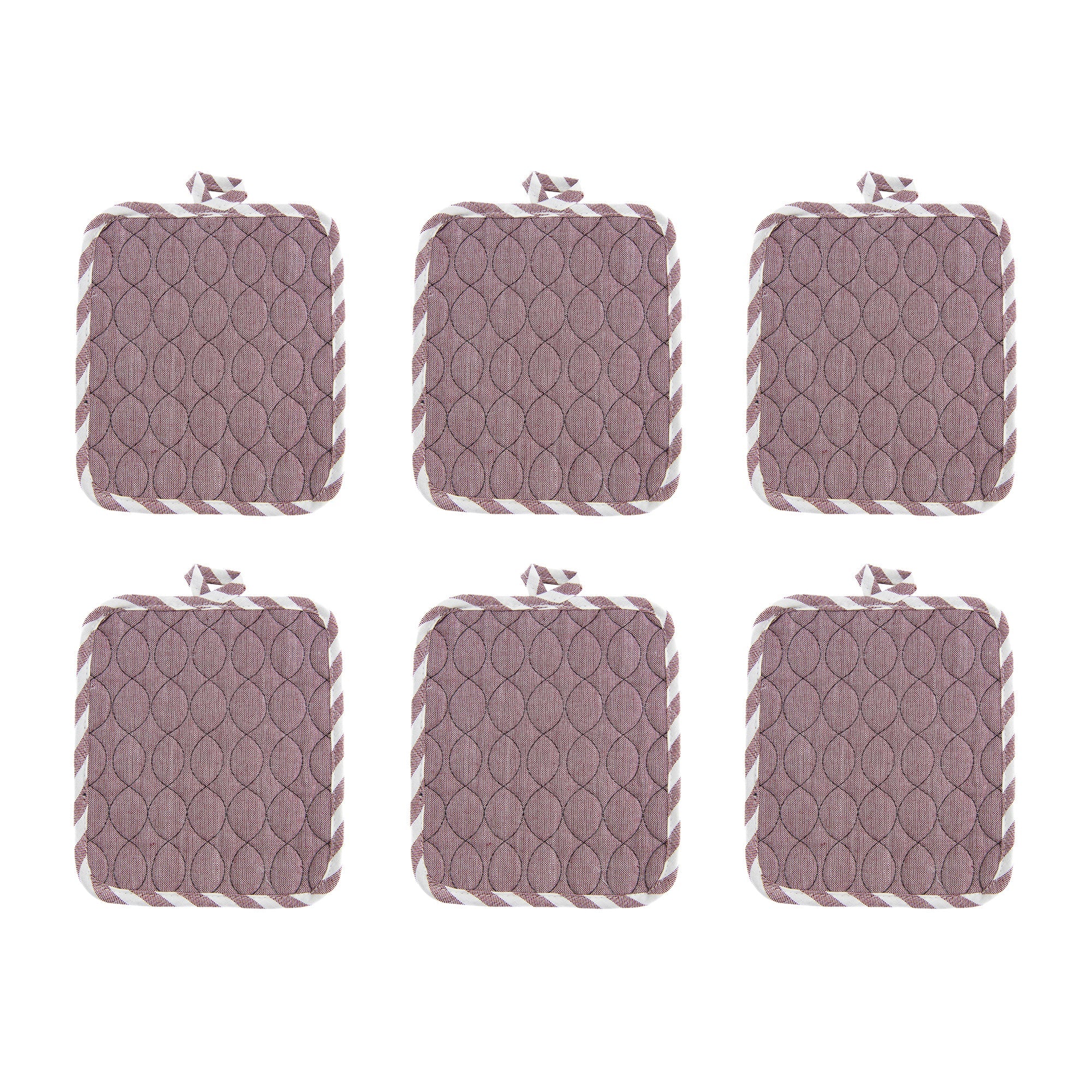 Wave-Stitched Quilted Pot Holder – Wine - Set of 6