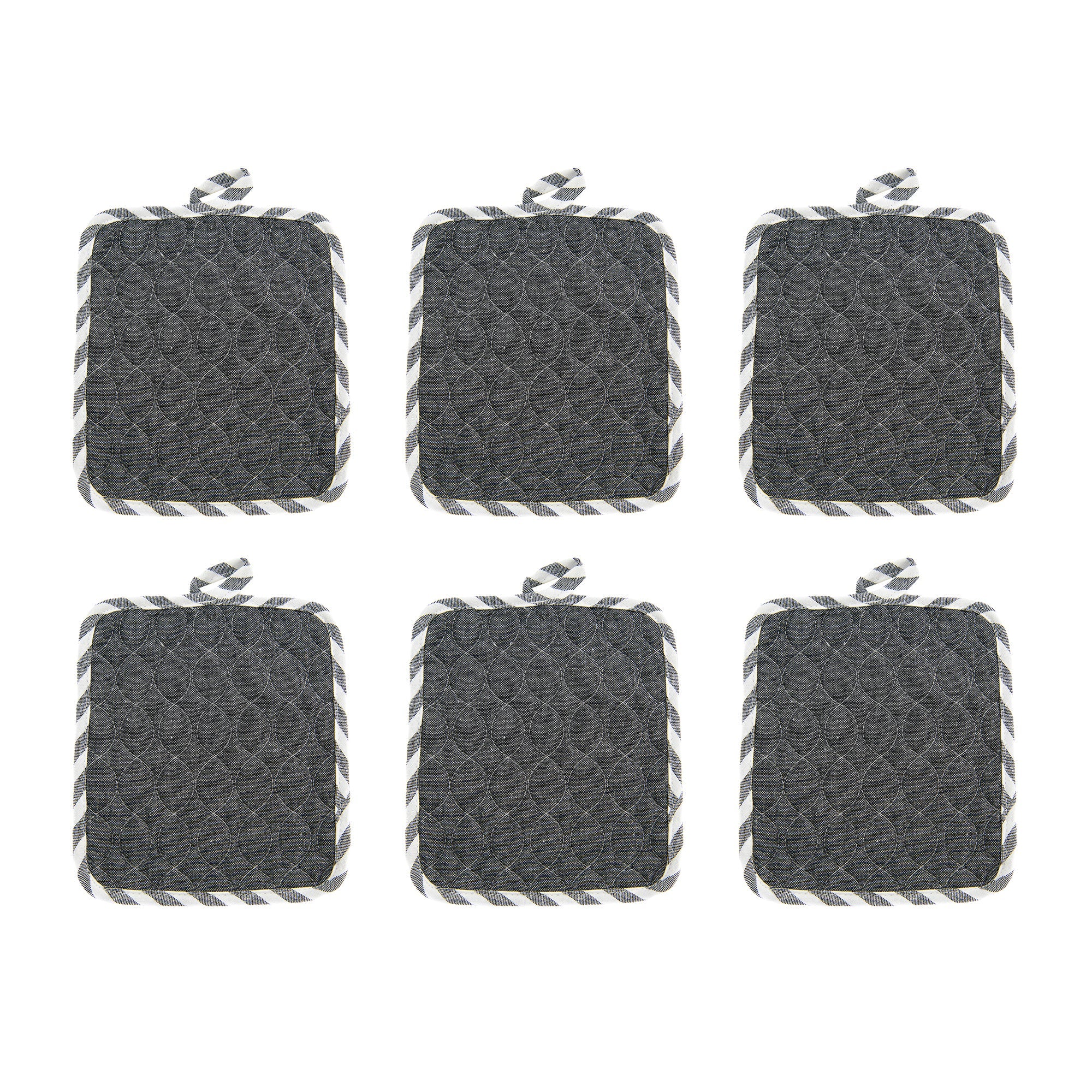 Wave-Stitched Quilted Pot Holder – Black - Set of 6