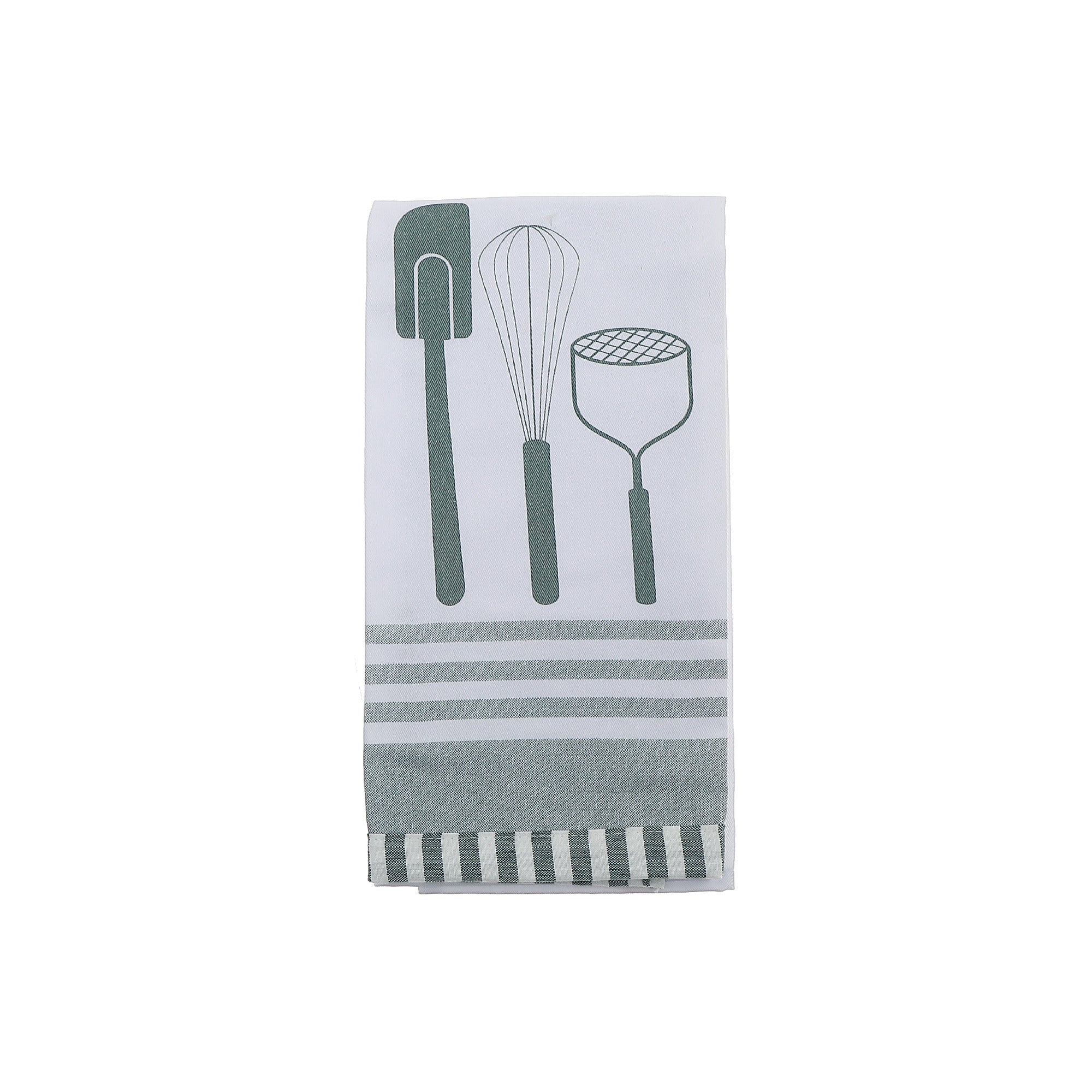 Kitchen Utensil Print Cotton Tea Towel – Sage - Set of 6