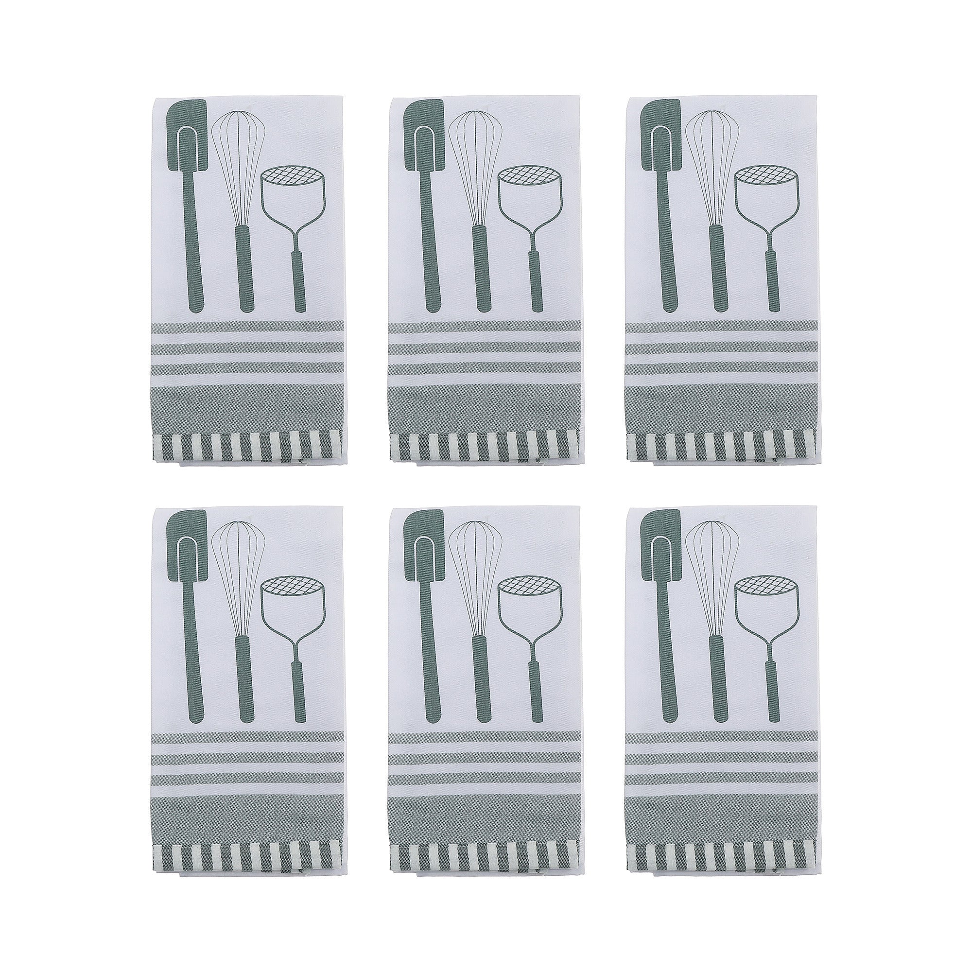 Kitchen Utensil Print Cotton Tea Towel – Sage - Set of 6