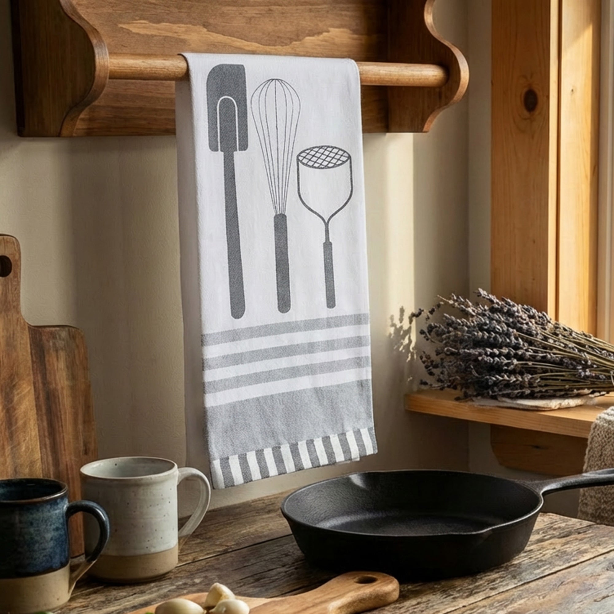 Kitchen Utensil Print Cotton Tea Towel – Gray - Set of 6