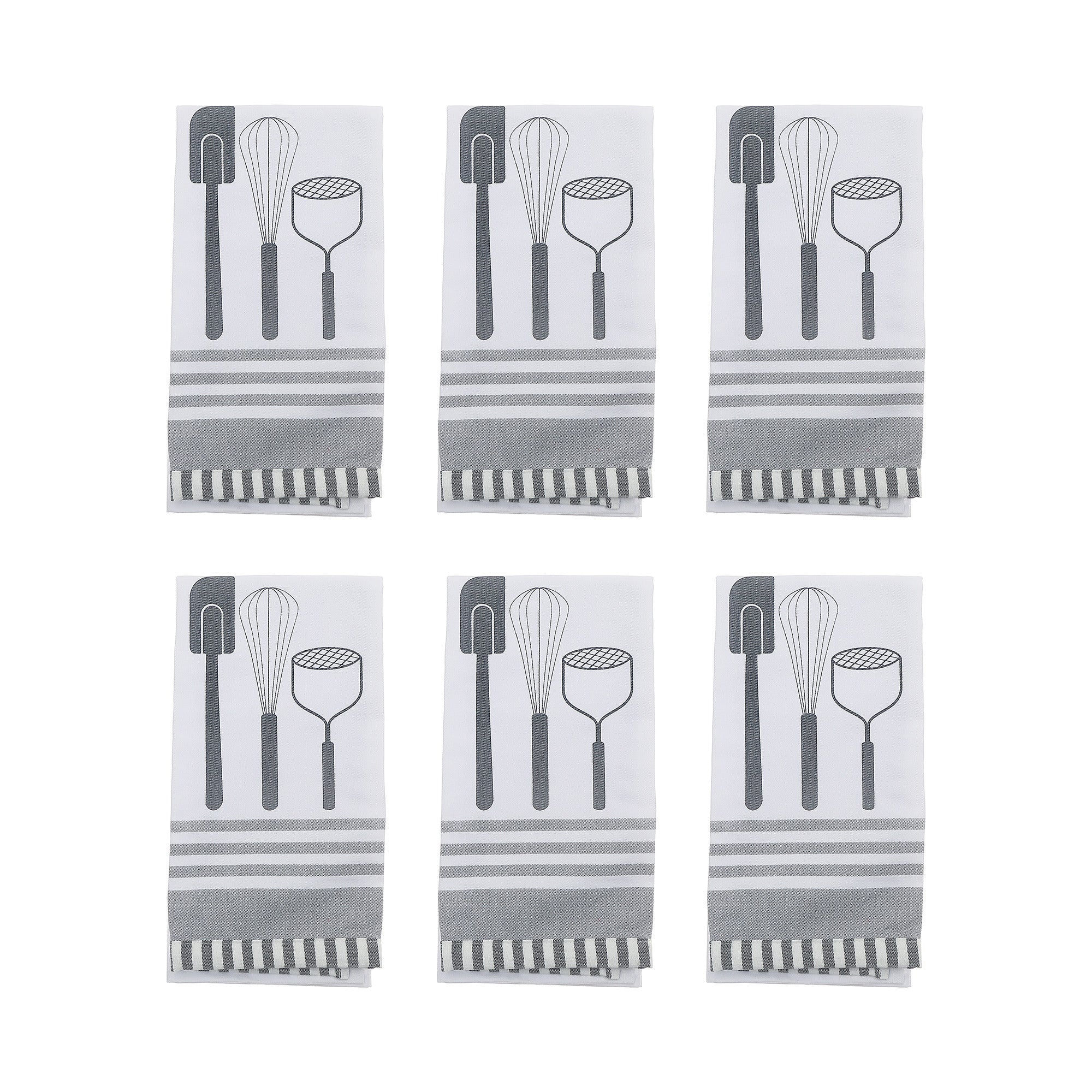 Kitchen Utensil Print Cotton Tea Towel – Gray - Set of 6