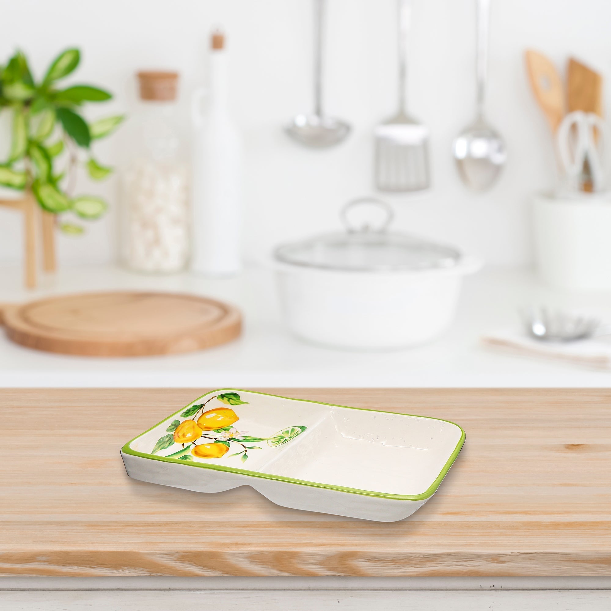 Ceramic Lemon 2 Section Serving Tray - Set of 2 Decorative Kitchen Serving Dish