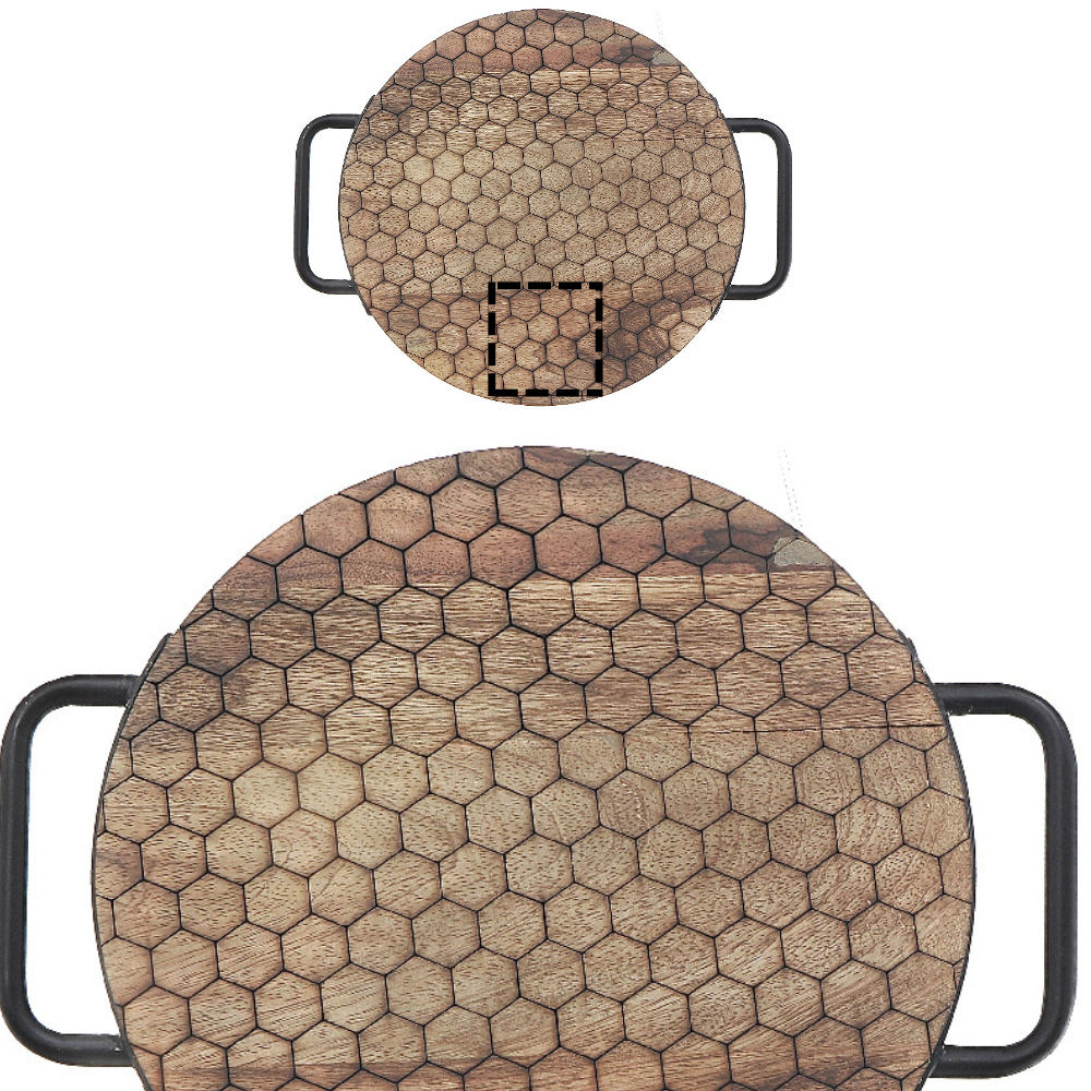 Custom Mango Wood Honeycomb Round Serving Tray With Handles, Decorative Wood Tray, Coffee Table Serving Tray