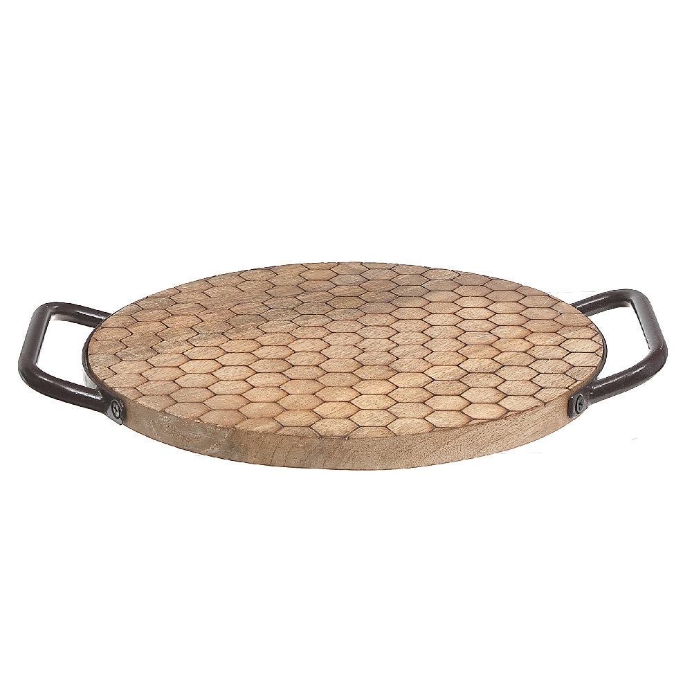 Custom Mango Wood Honeycomb Round Serving Tray With Handles, Decorative Wood Tray, Coffee Table Serving Tray