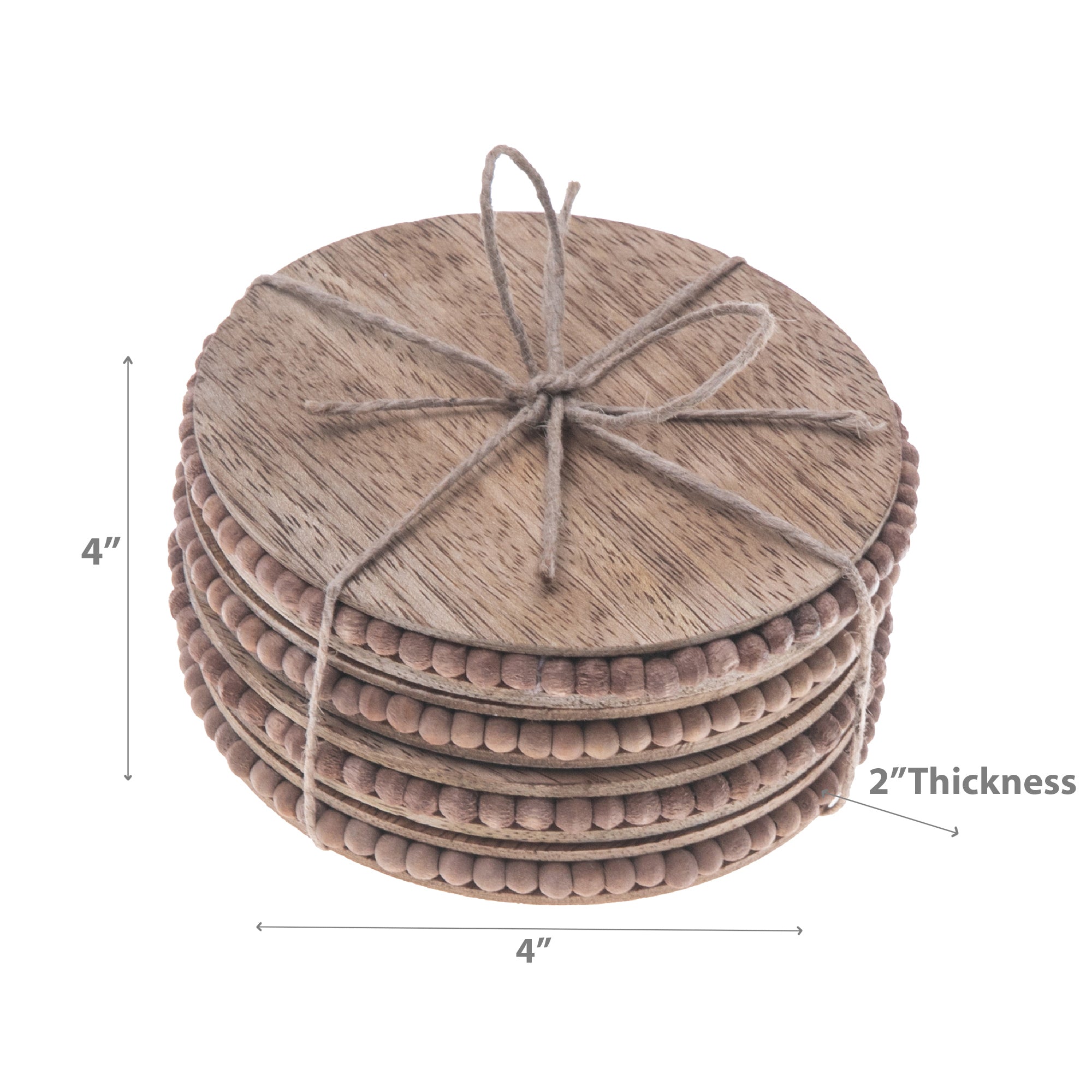 Natural Beaded Round Coasters Set Of 4, Rustic Drinkware Accessories, Table Protection