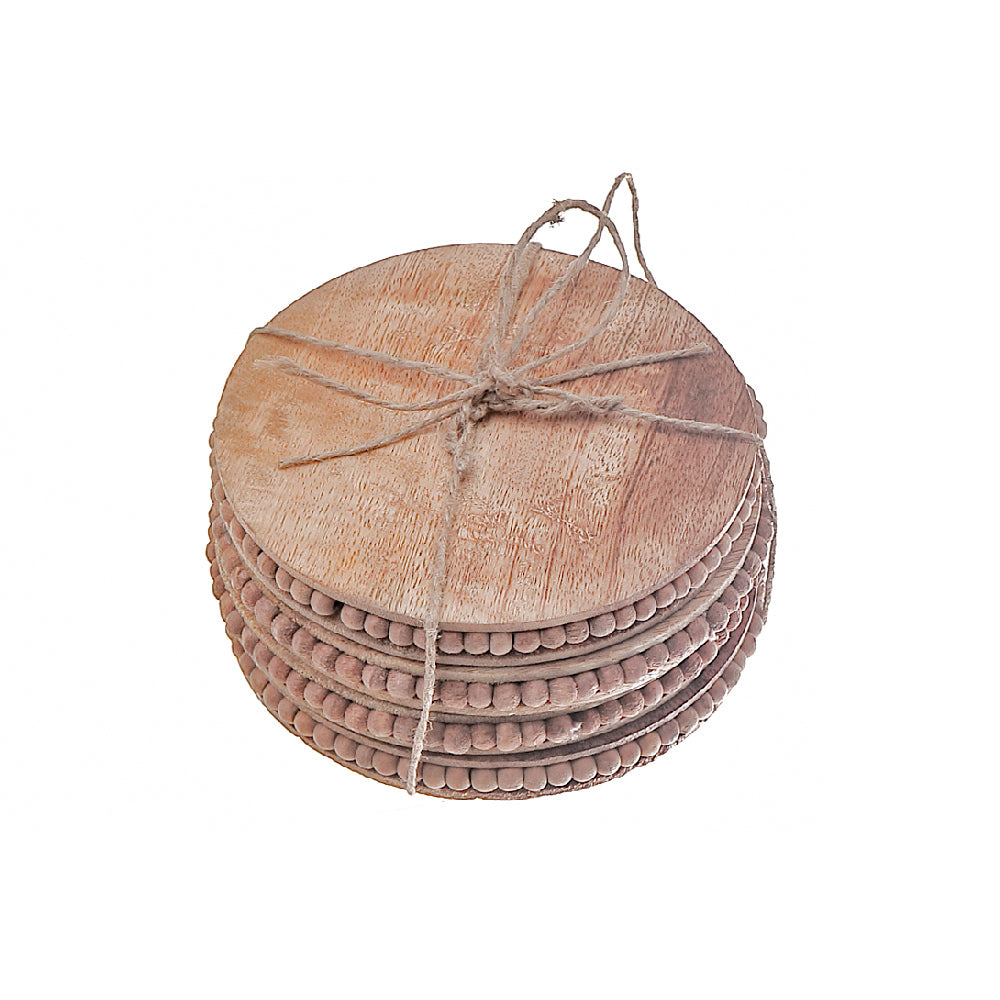 Custom Natural Wood Beaded Round Drink Coasters Set Of 4, Rustic Table Coasters, Farmhouse Home Decor, Coffee Table Accessories