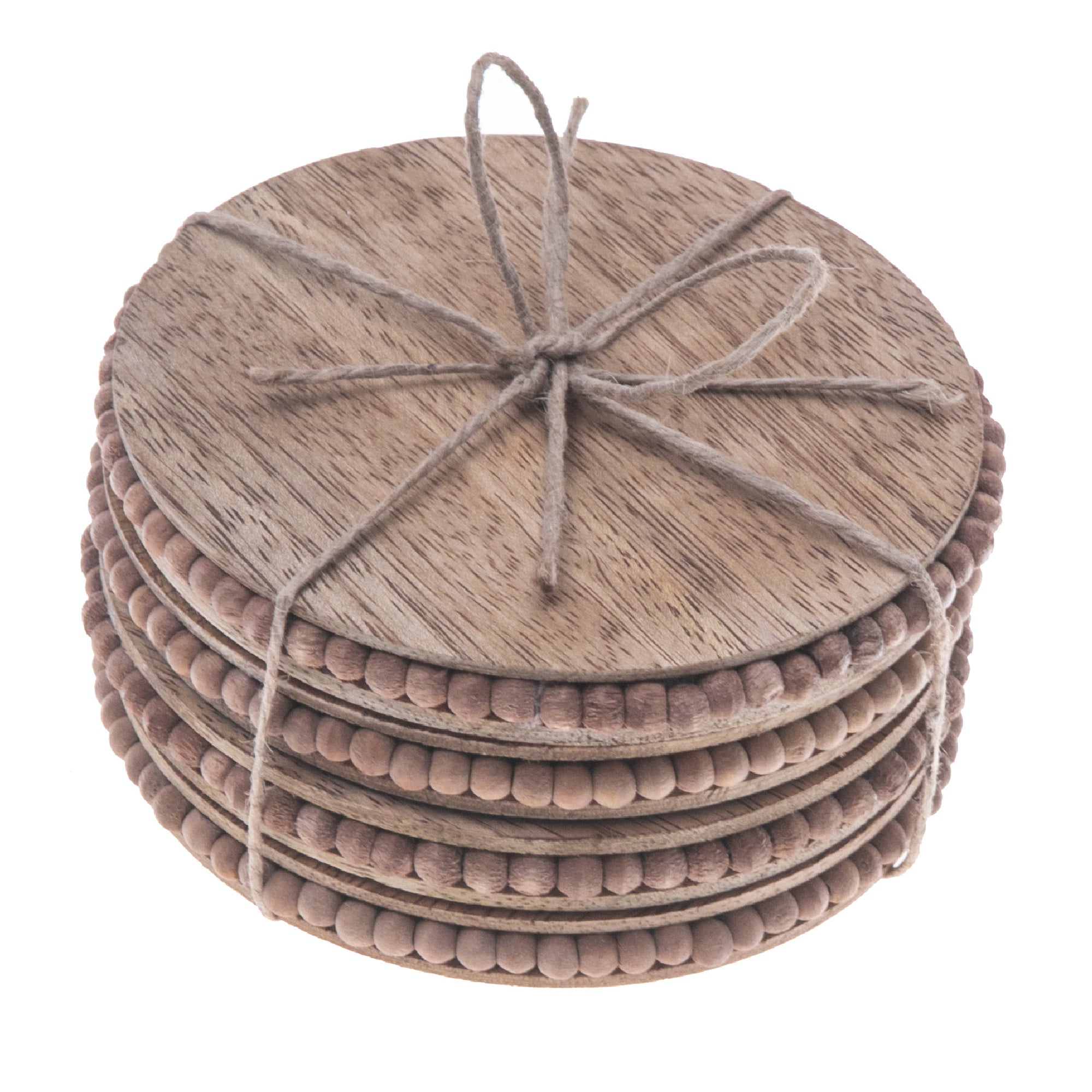 Natural Beaded Round Coasters Set Of 4, Rustic Drinkware Accessories, Table Protection