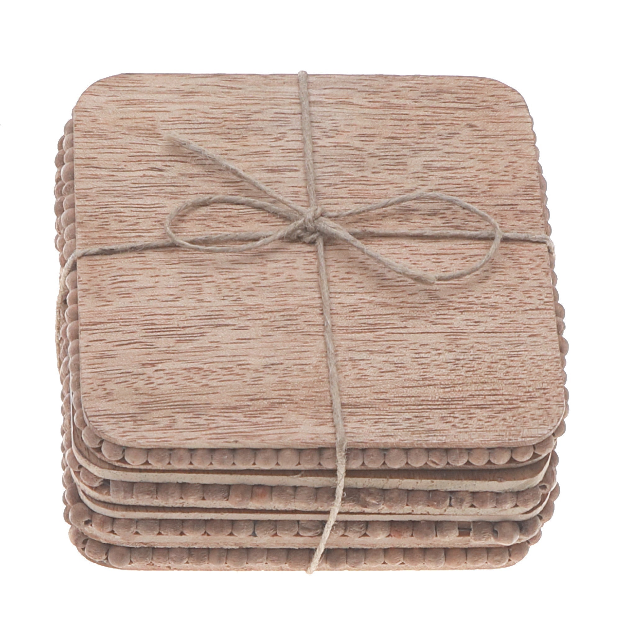Natural Beaded Square Coasters Set Of 4, Rustic Drinkware Accessories, Table Protection