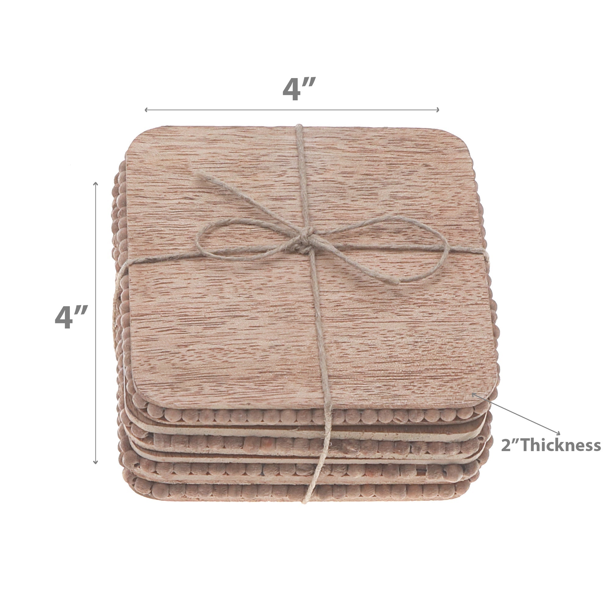 Natural Beaded Square Coasters Set Of 4, Rustic Drinkware Accessories, Table Protection
