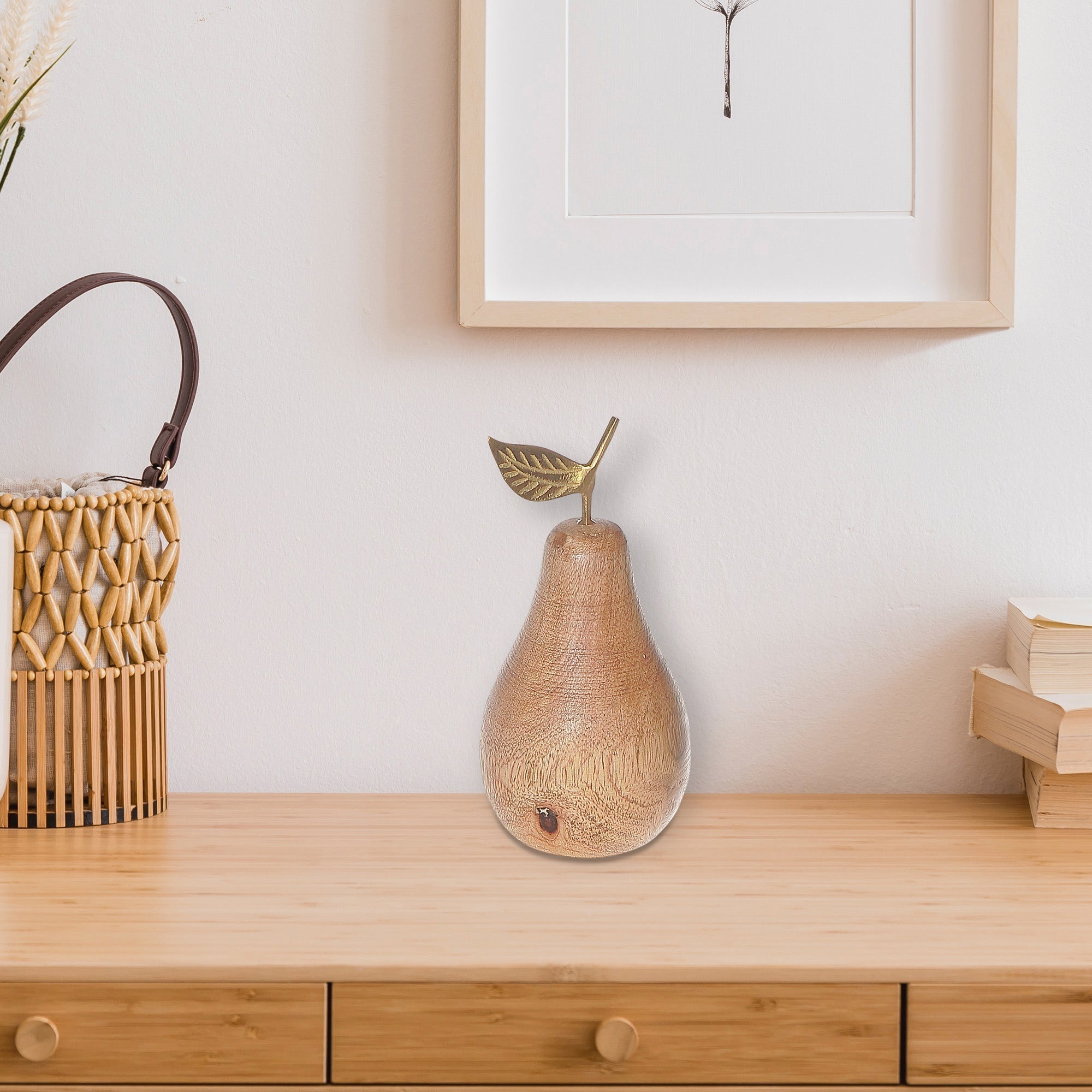 Mango Wood Decorative Pear Sculpture, Rustic Kitchen Or Table Decor