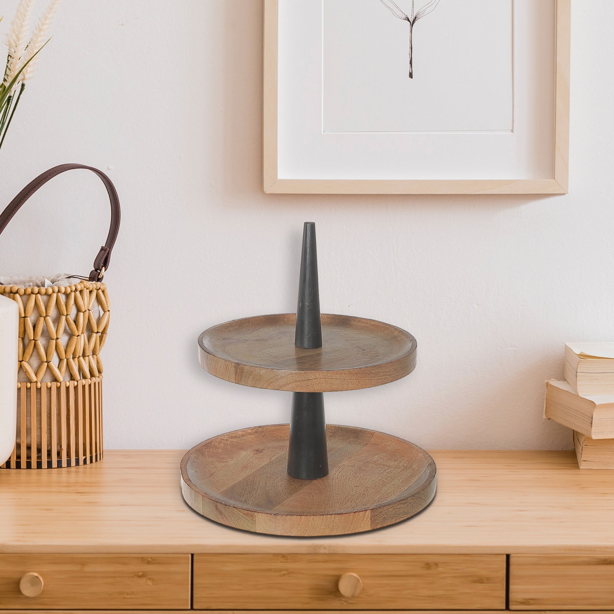 Mango Wood 2 Tier Round Cake Stand Natural And Black, Rustic Dessert Display Stand