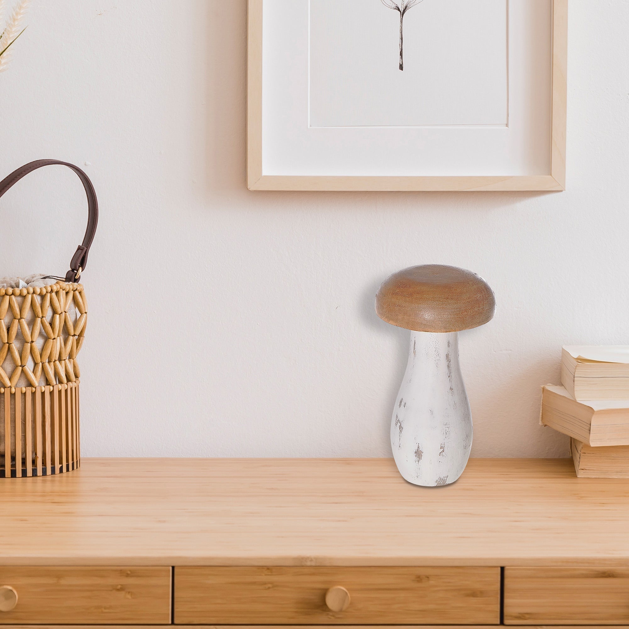 Mango Wood Natural And White Mushroom Sculpture, Large Rustic Home Decor Accent