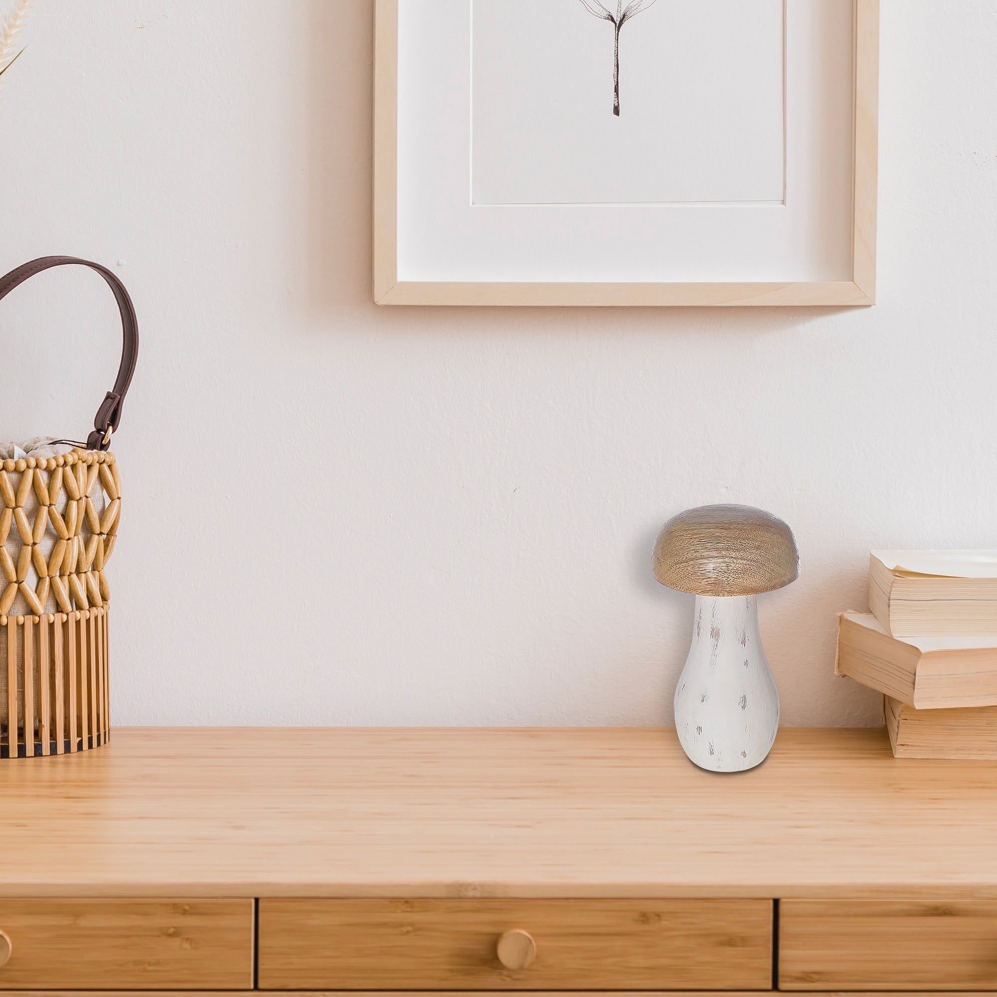 Mango Wood Natural And White Mushroom Sculpture, Small Rustic Home Decor Accent