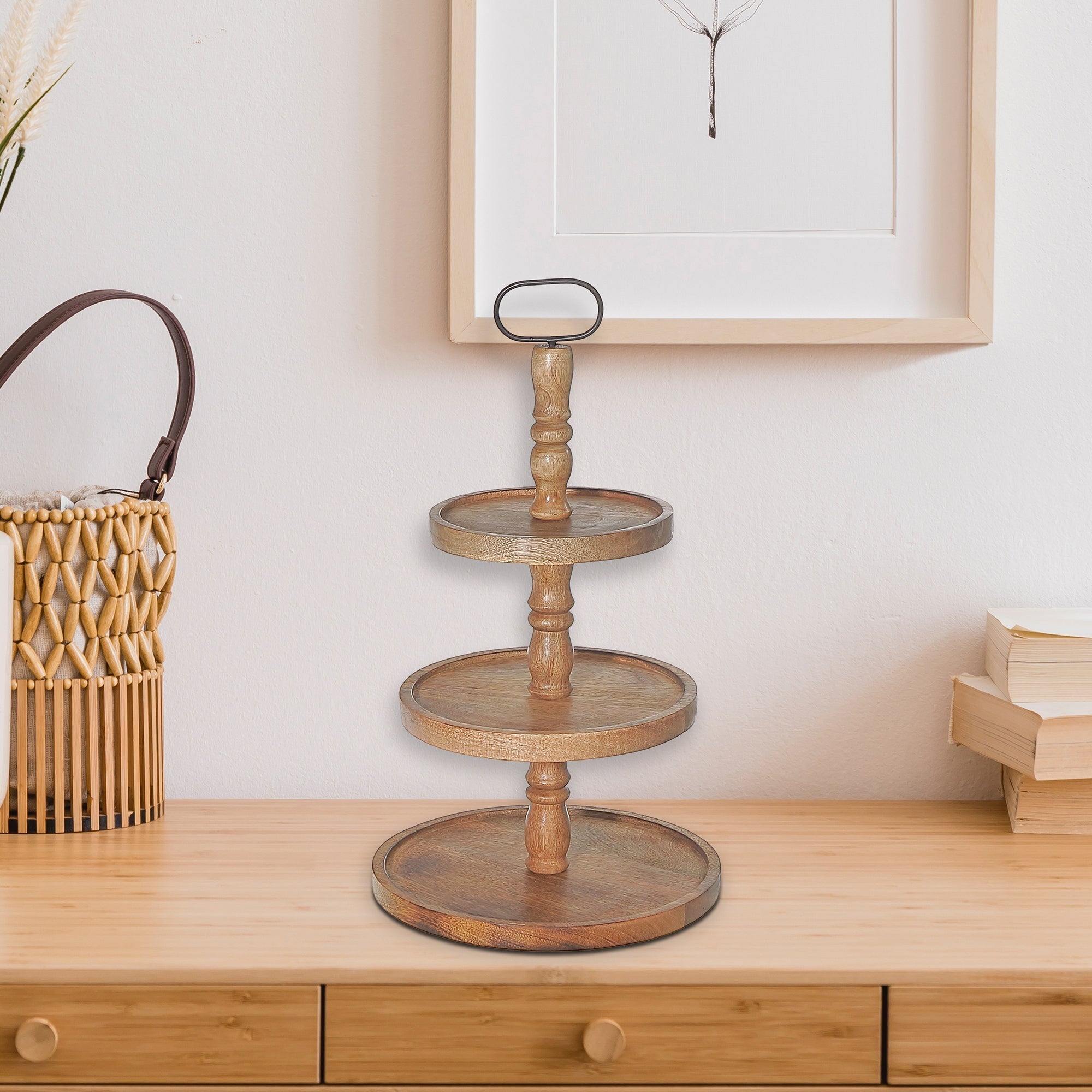 3 Tier Wooden Round Stand, Rustic Kitchen Display Stand, Home Serving Organizer