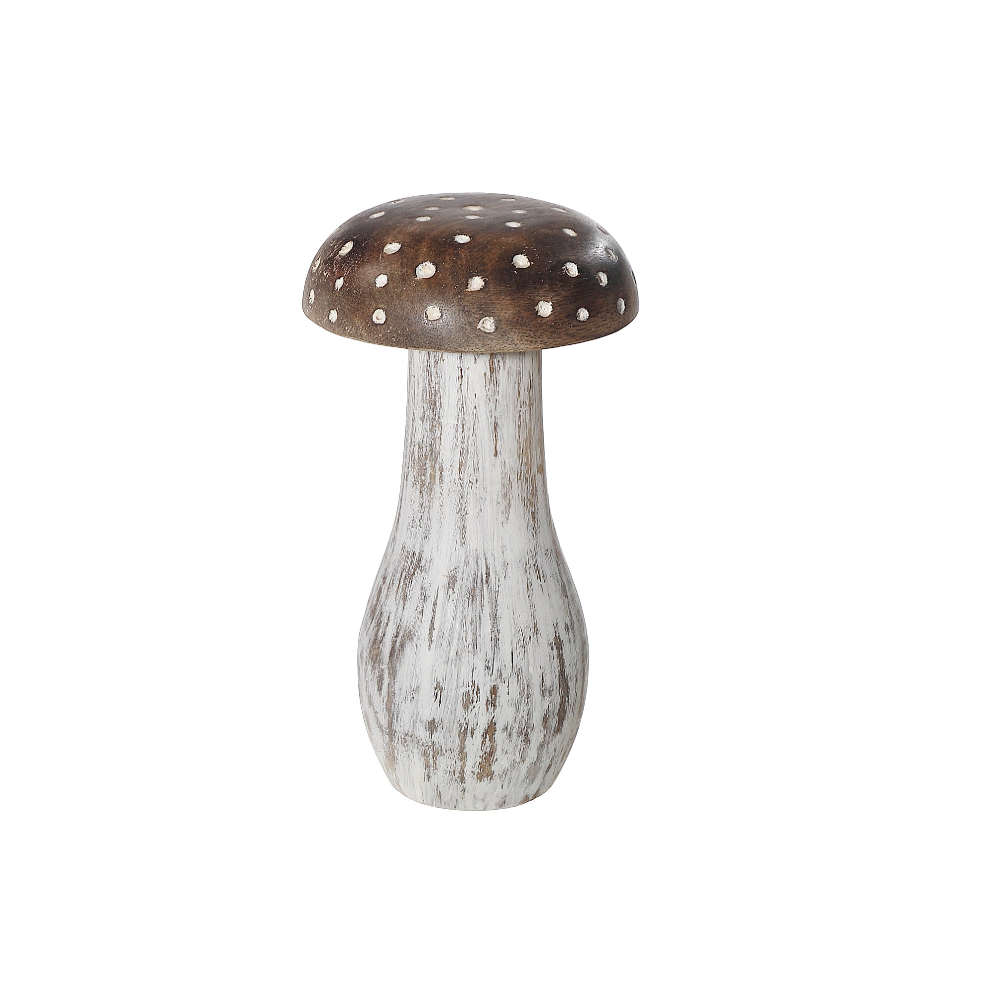 Large Mango Wood White Polka Dot Mushroom Decor – Tabletop Accent, Rustic Home Decor