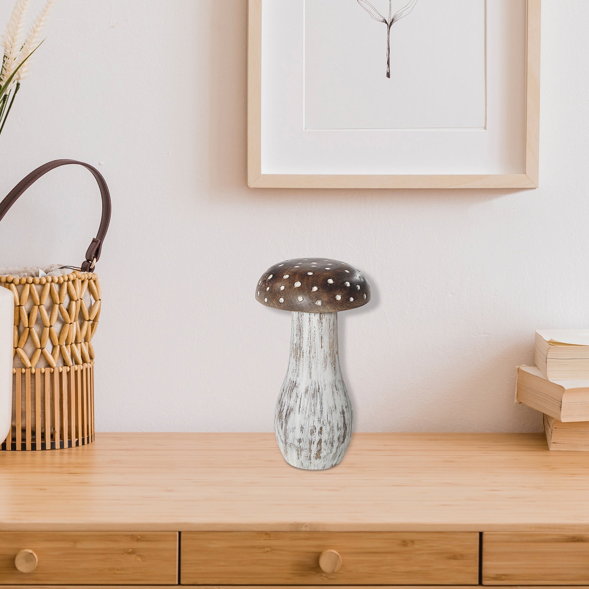 Large Mango Wood White Polka Dot Mushroom Decor – Tabletop Accent, Rustic Home Decor