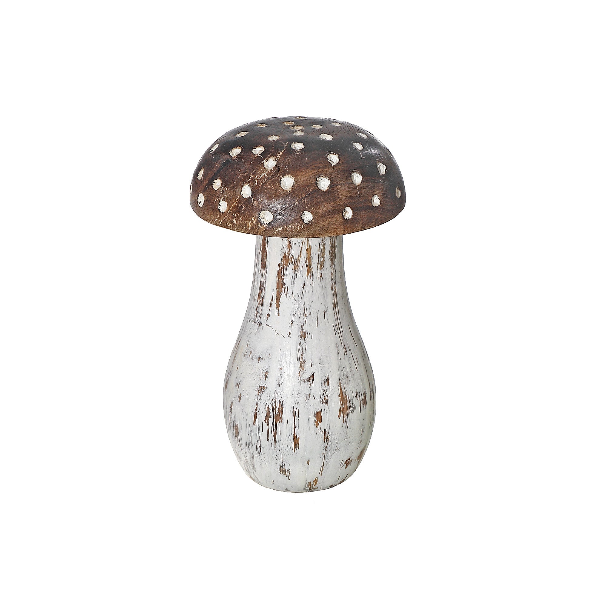 Small Mango Wood White Polka Dot Mushroom Decor – Tabletop Accent, Rustic Home Decor