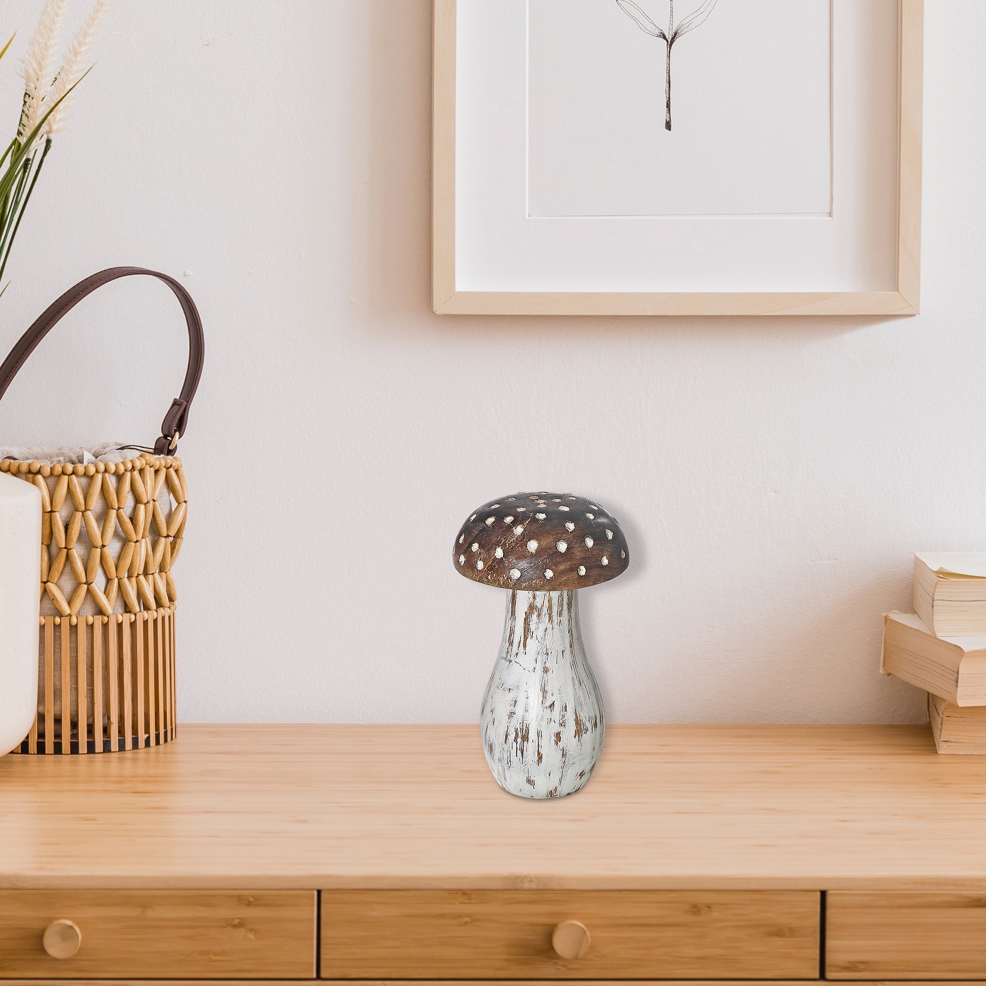 Small Mango Wood White Polka Dot Mushroom Decor – Tabletop Accent, Rustic Home Decor