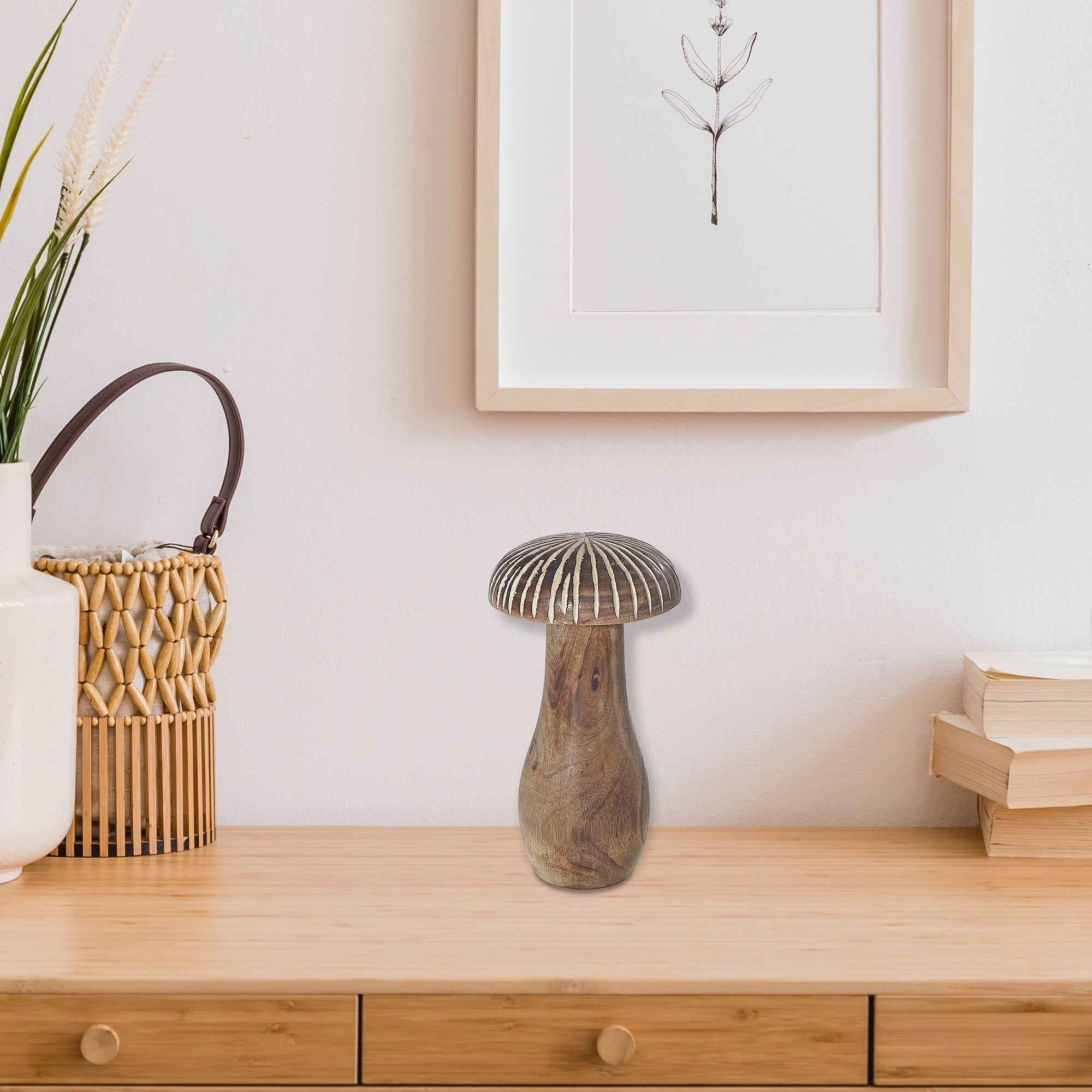 Large Mango Wood White Carved Mushroom Decor – Tabletop Accent, Home Decoration