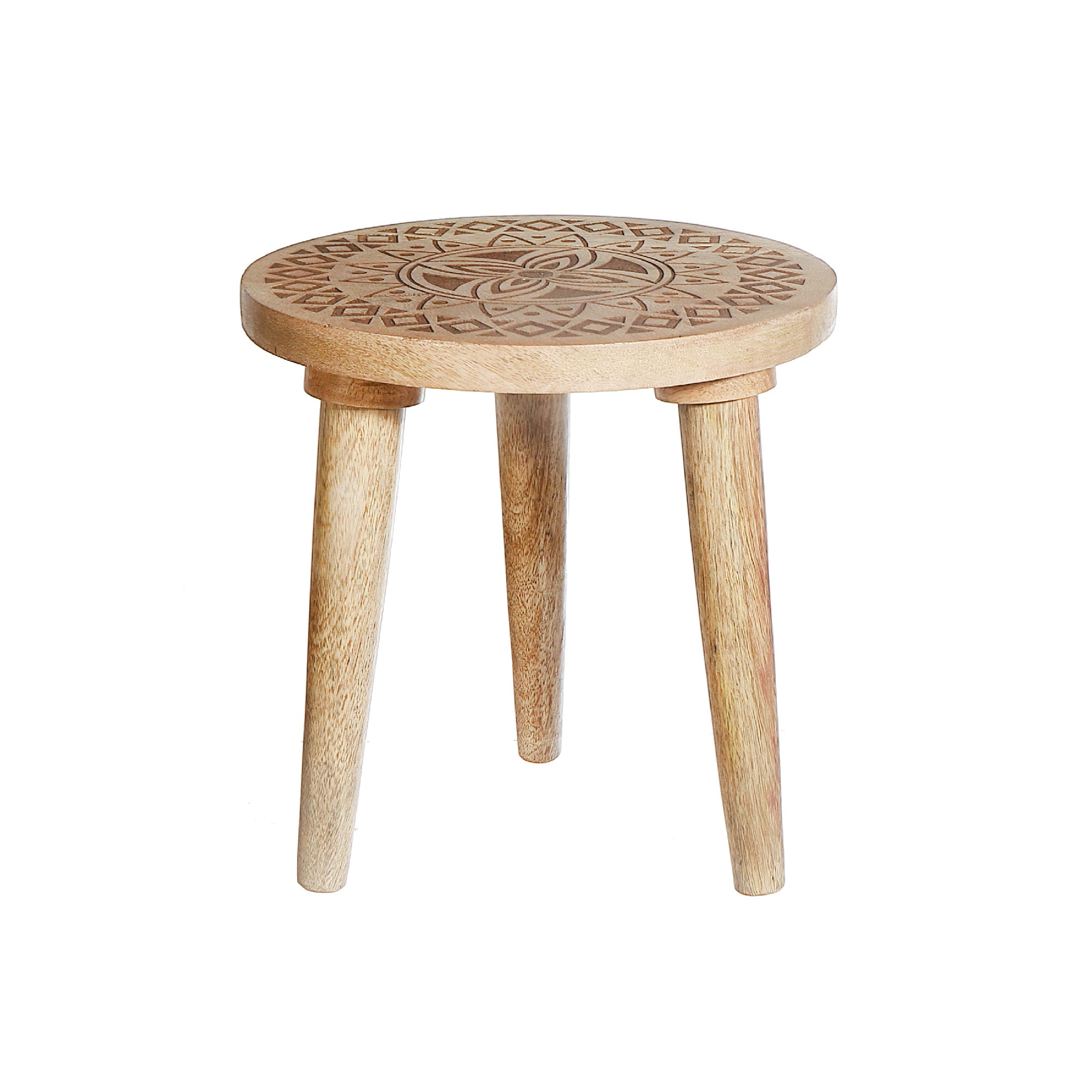 10" Round Etched Mango Wood Decorative Plant Stand