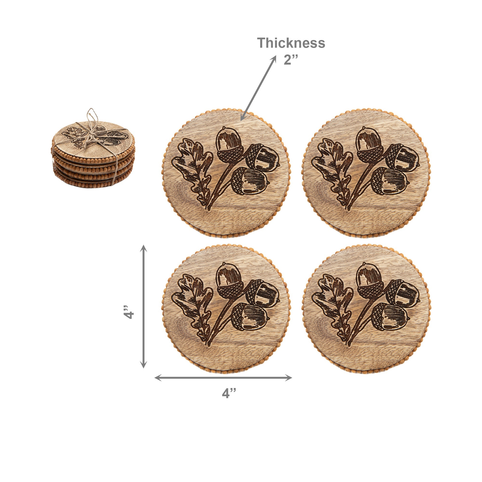 Beaded Acorn Etched Round Wood Coasters – Set of 4