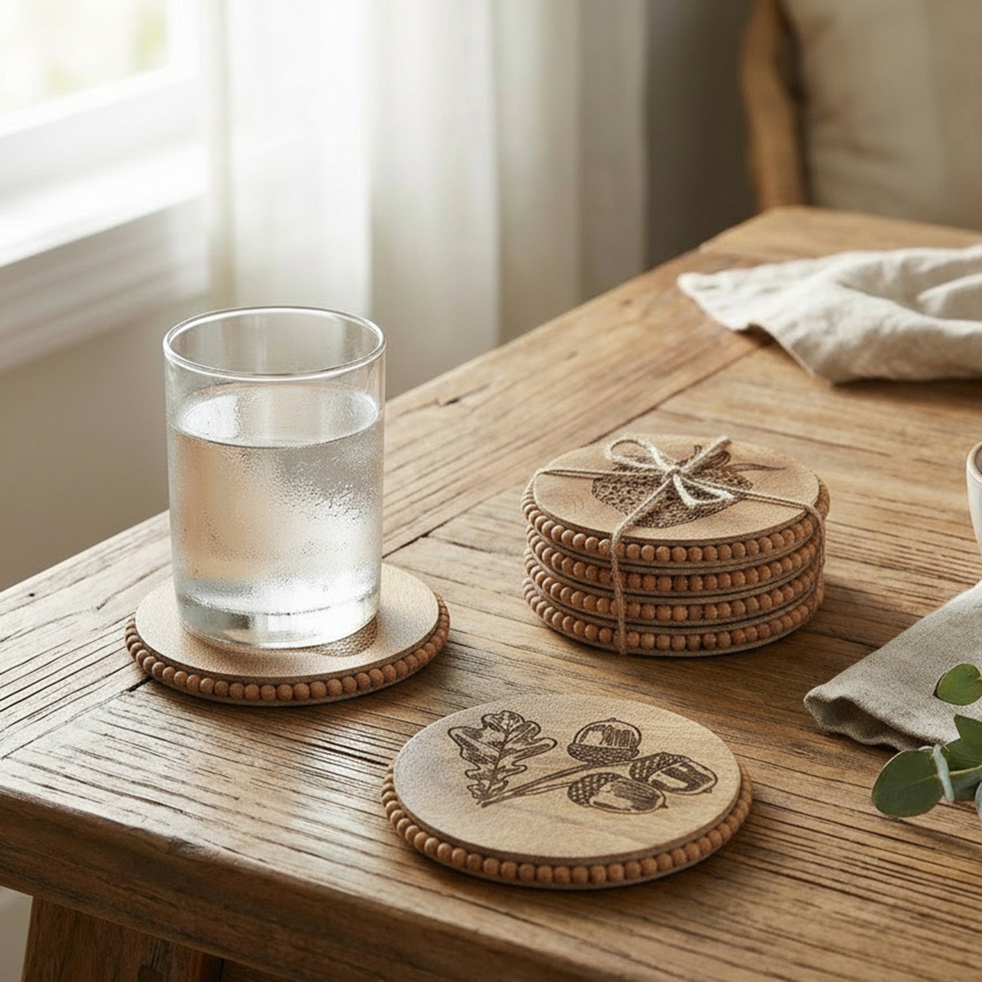 Beaded Acorn Etched Round Wood Coasters – Set of 4