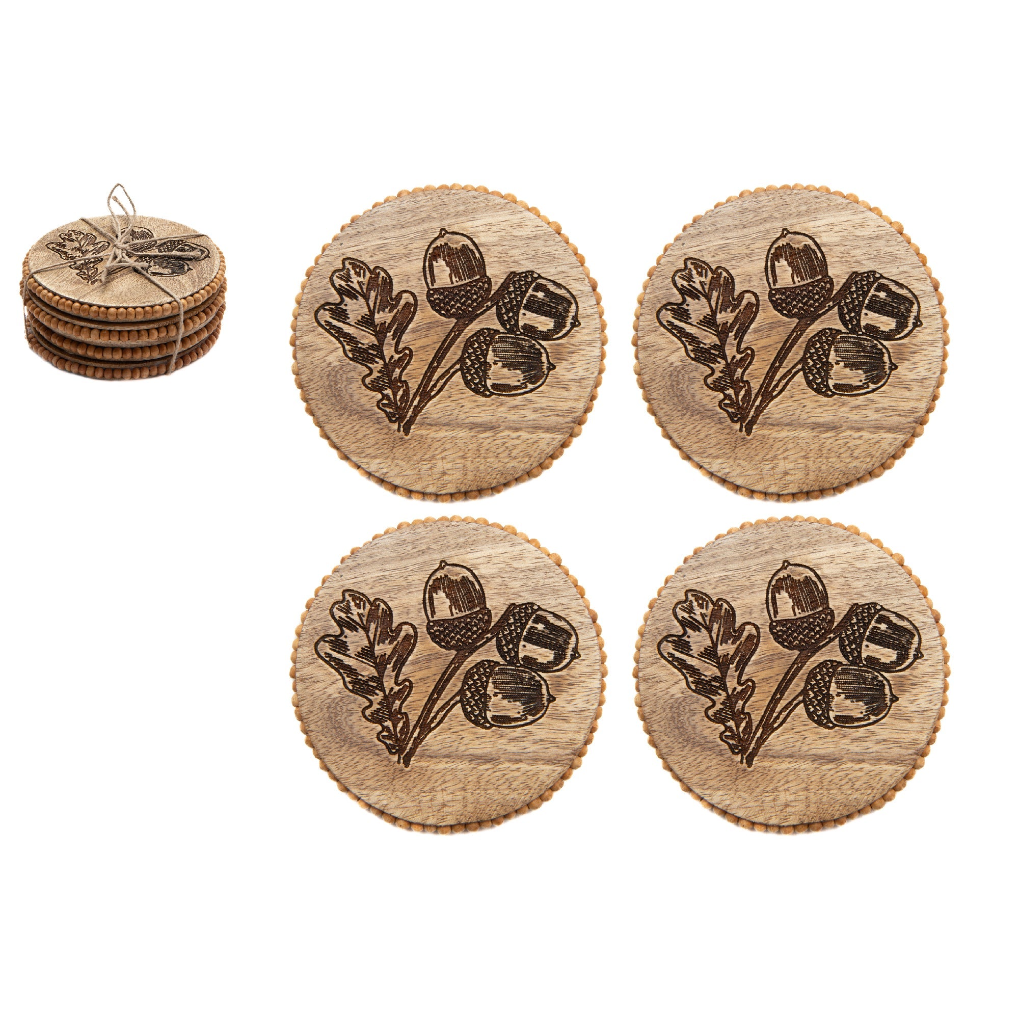 Beaded Acorn Etched Round Wood Coasters – Set of 4