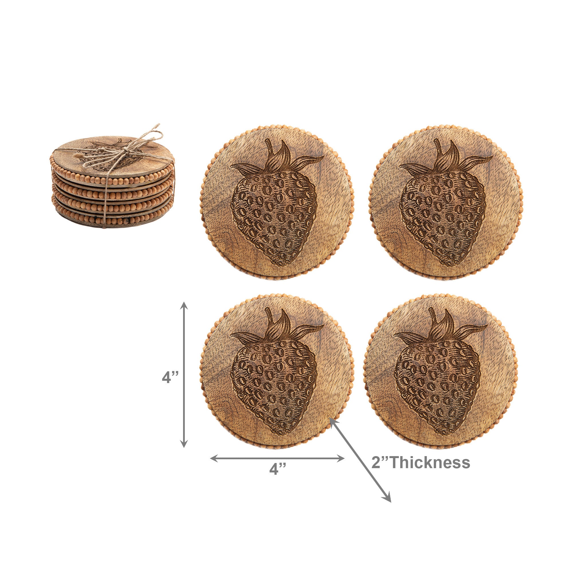 Beaded Strawberry Etched Round Wood Coasters – Set of 4