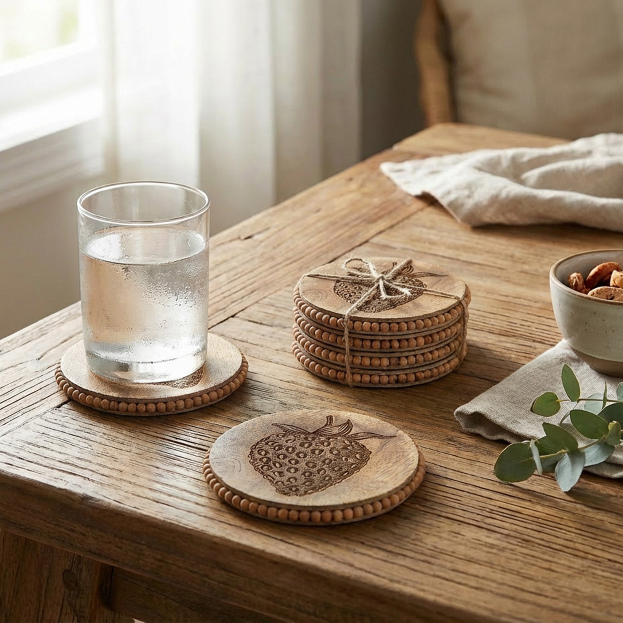 Beaded Strawberry Etched Round Wood Coasters – Set of 4