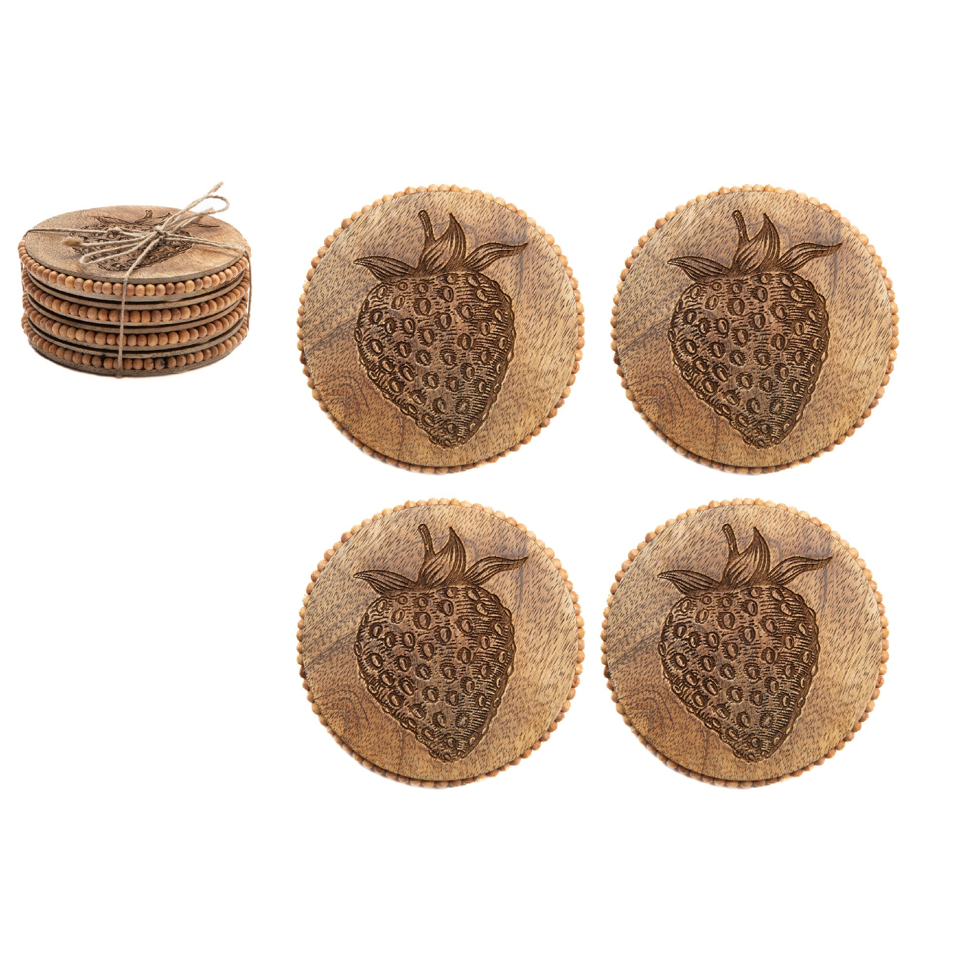Beaded Strawberry Etched Round Wood Coasters – Set of 4