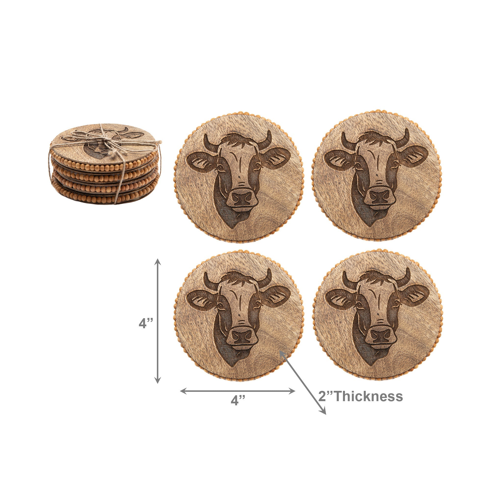 Beaded Bull Etched Round Wood Coasters – Set of 4