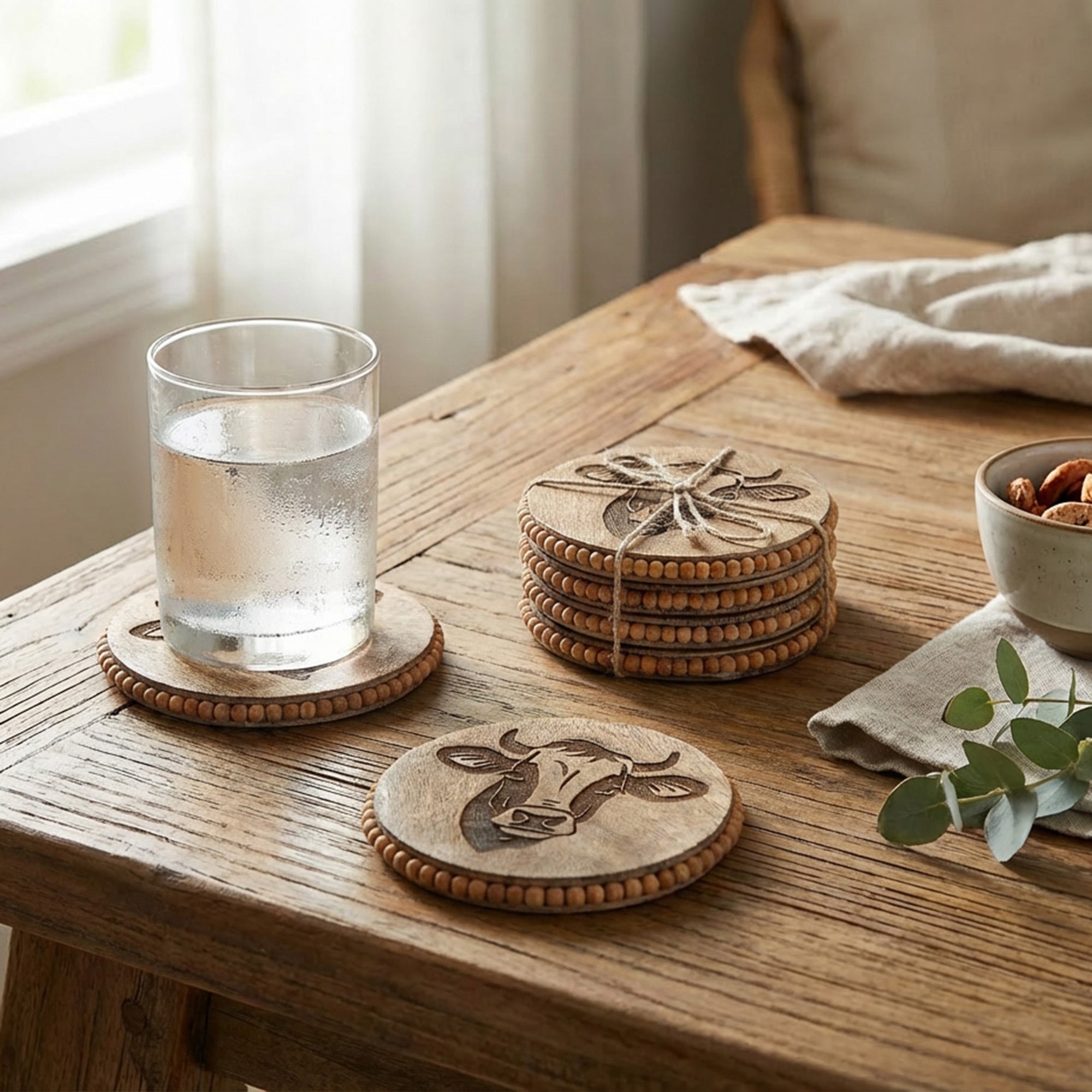 Beaded Bull Etched Round Wood Coasters – Set of 4