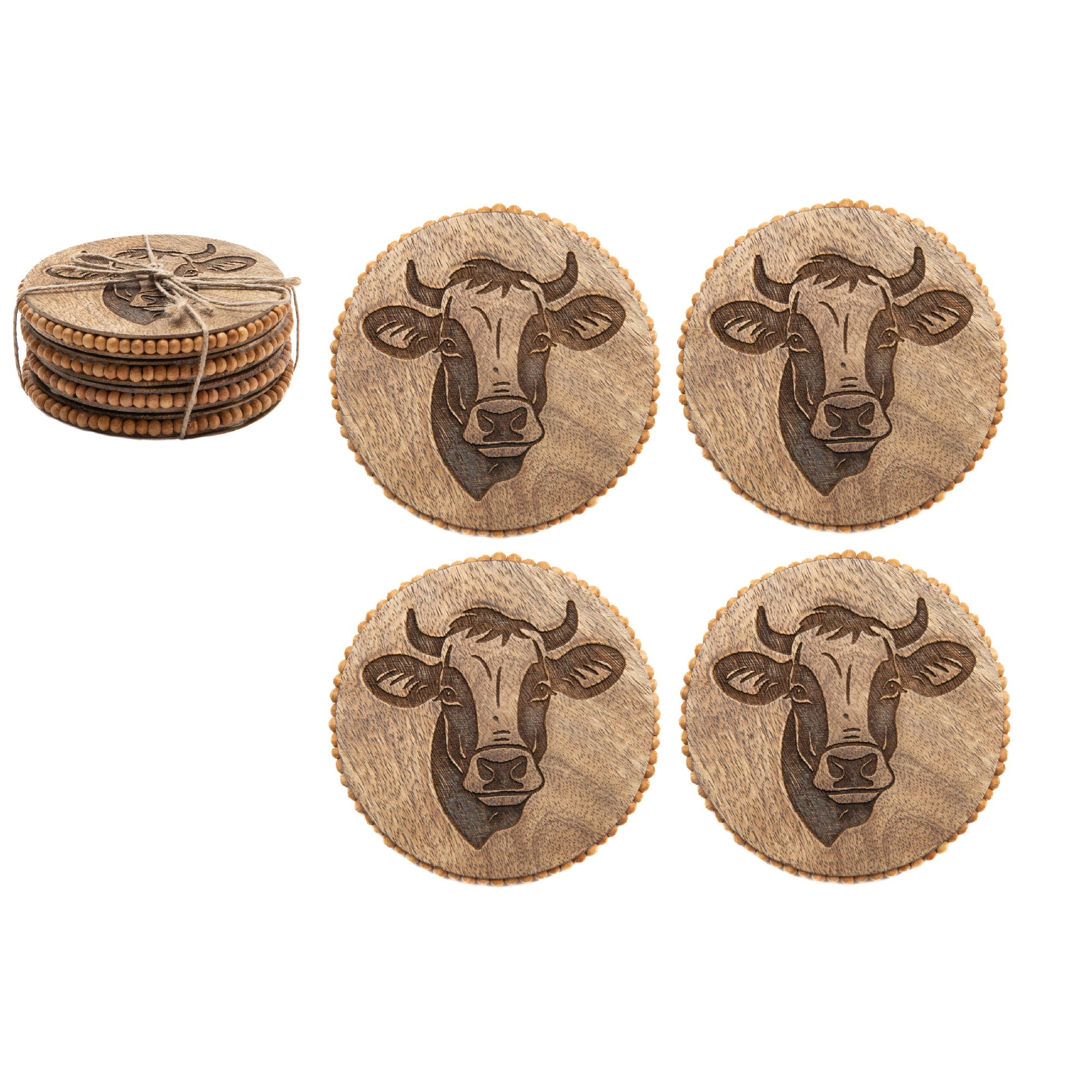 Beaded Bull Etched Round Wood Coasters – Set of 4
