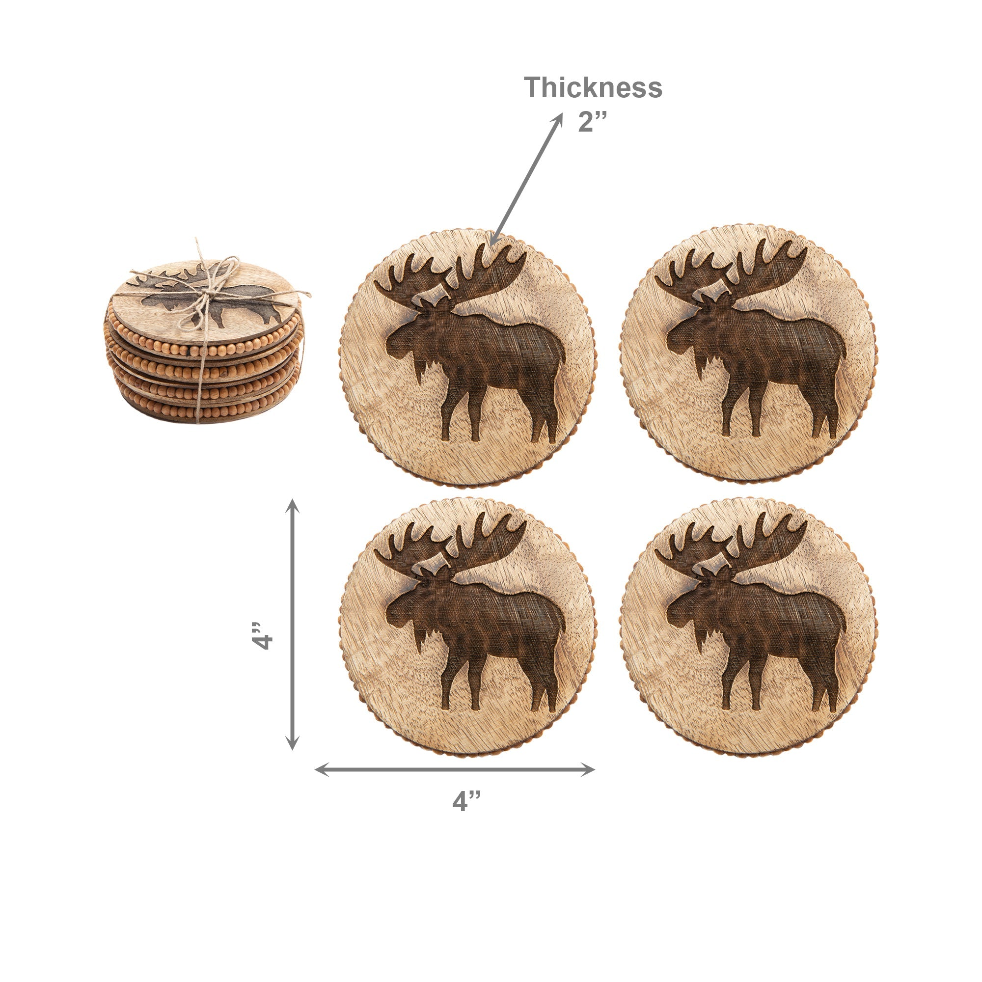Beaded Moose Etched Round Wood Coasters – Set of 4