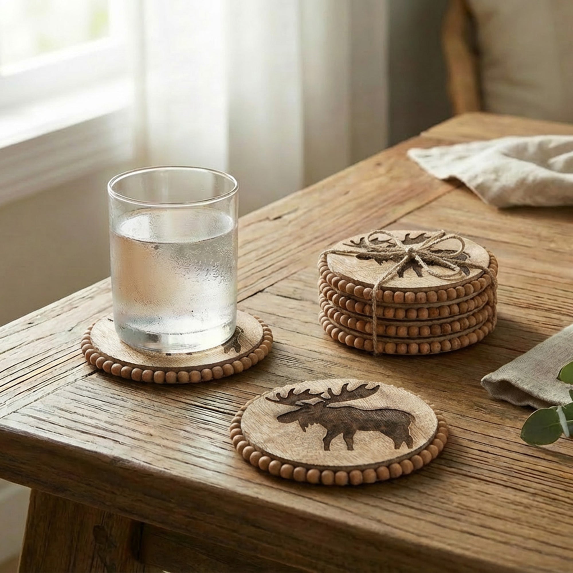 Beaded Moose Etched Round Wood Coasters – Set of 4