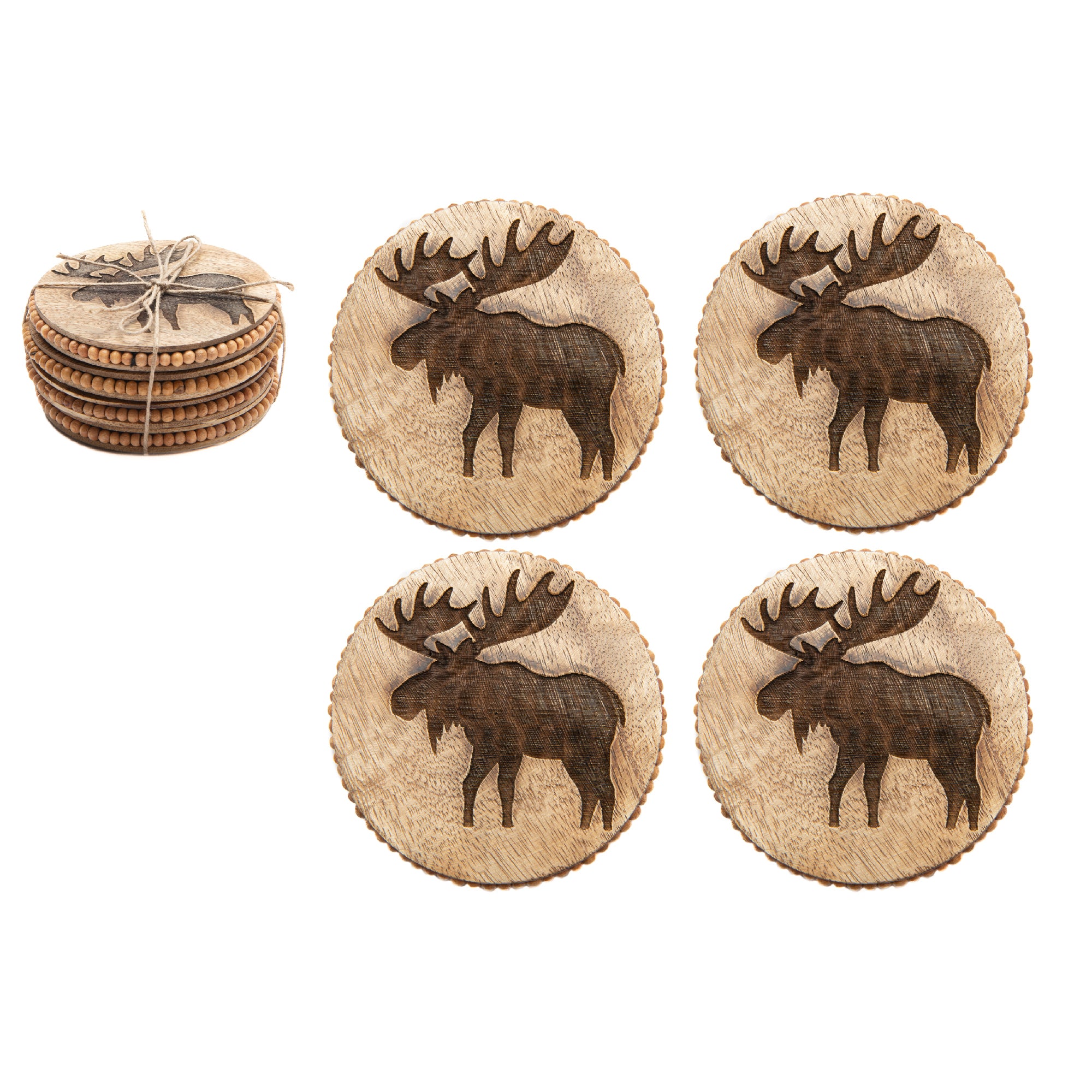 Beaded Moose Etched Round Wood Coasters – Set of 4